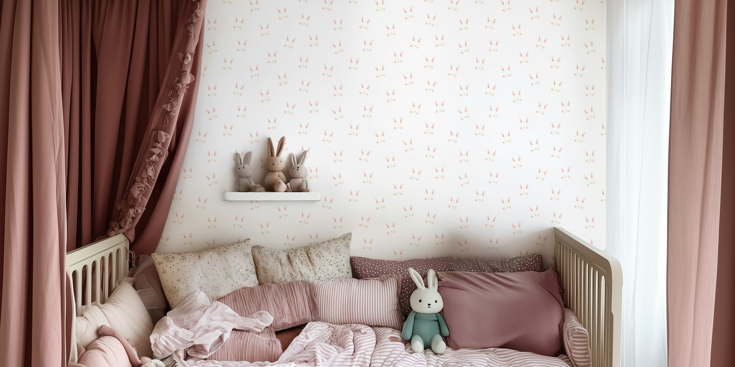 Cute rabbits wallpaper in a room setting.