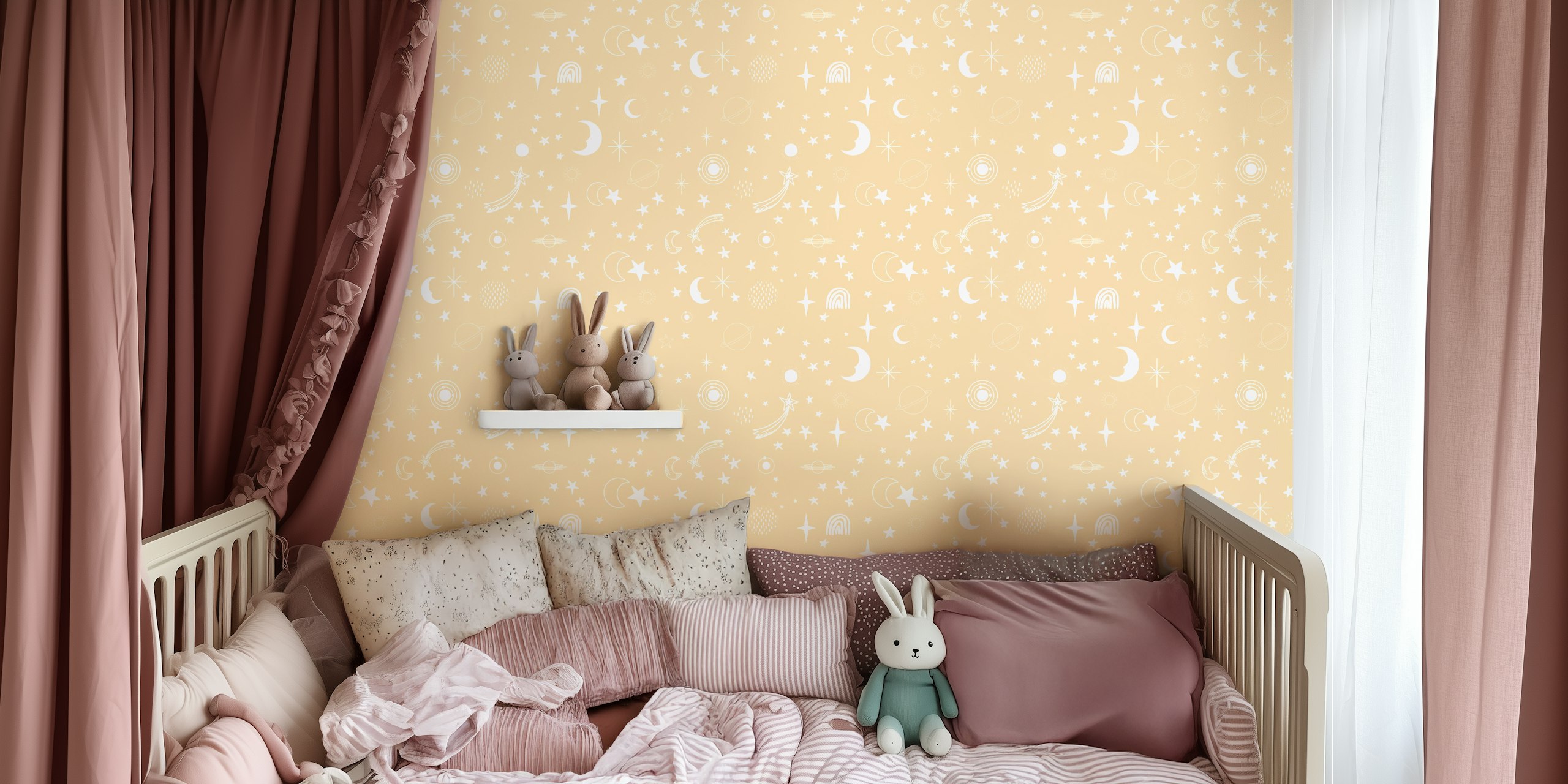 Celestial wallpaper with stars, moons, and planets in pale honey