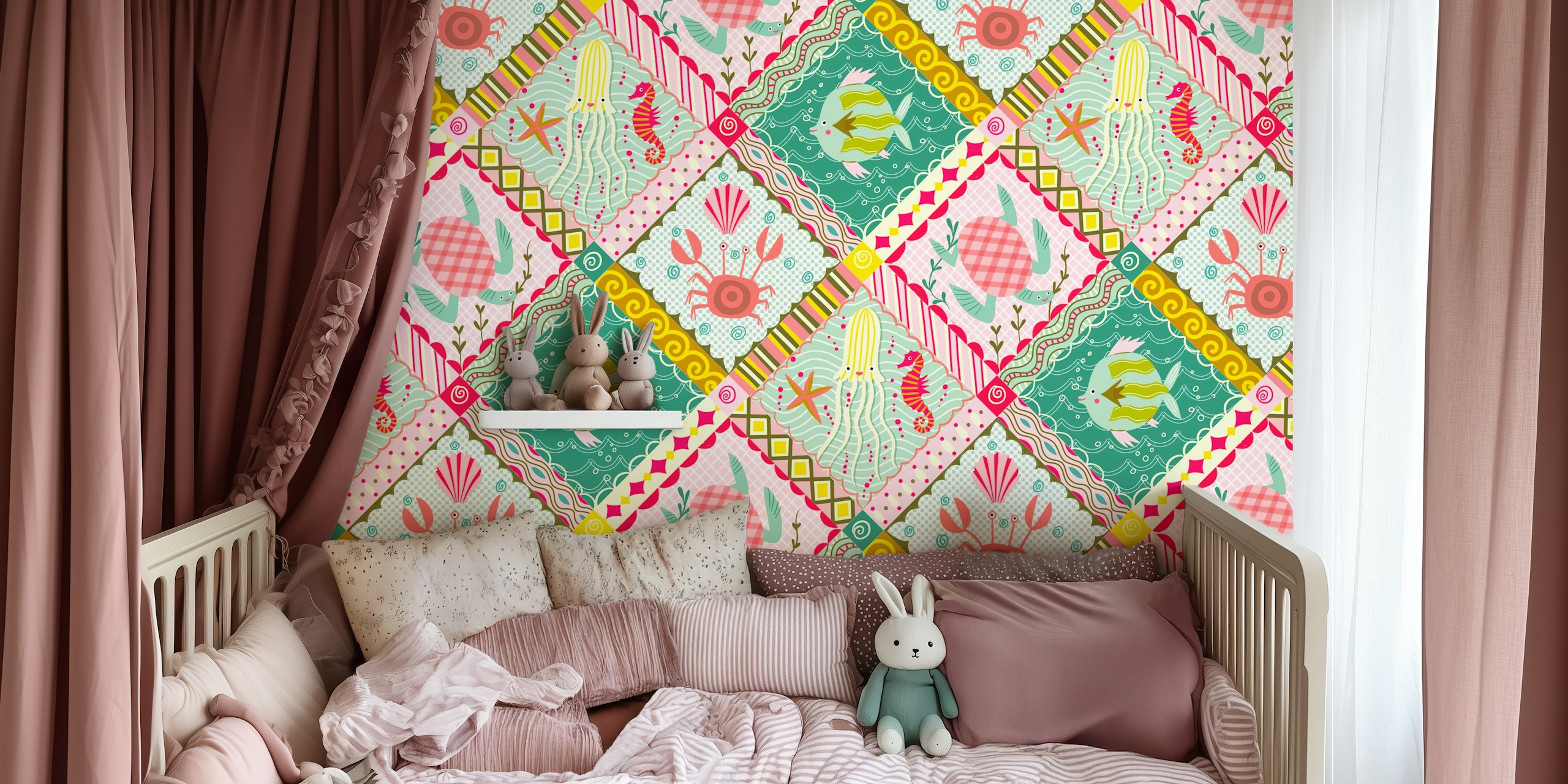 Colorful sea life patterns with fish, crab, and starfish wall mural