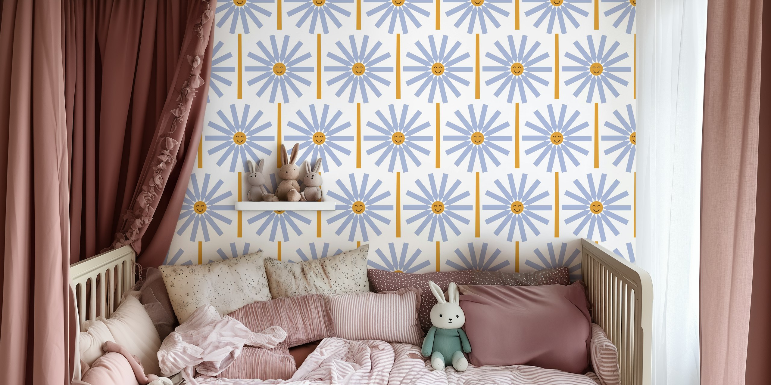 Happy Daisy beige blue τοιχογραφία με στυλιζαρισμένες μαργαρίτες σε μπεζ και μπλε σε ανοιχτό φόντο