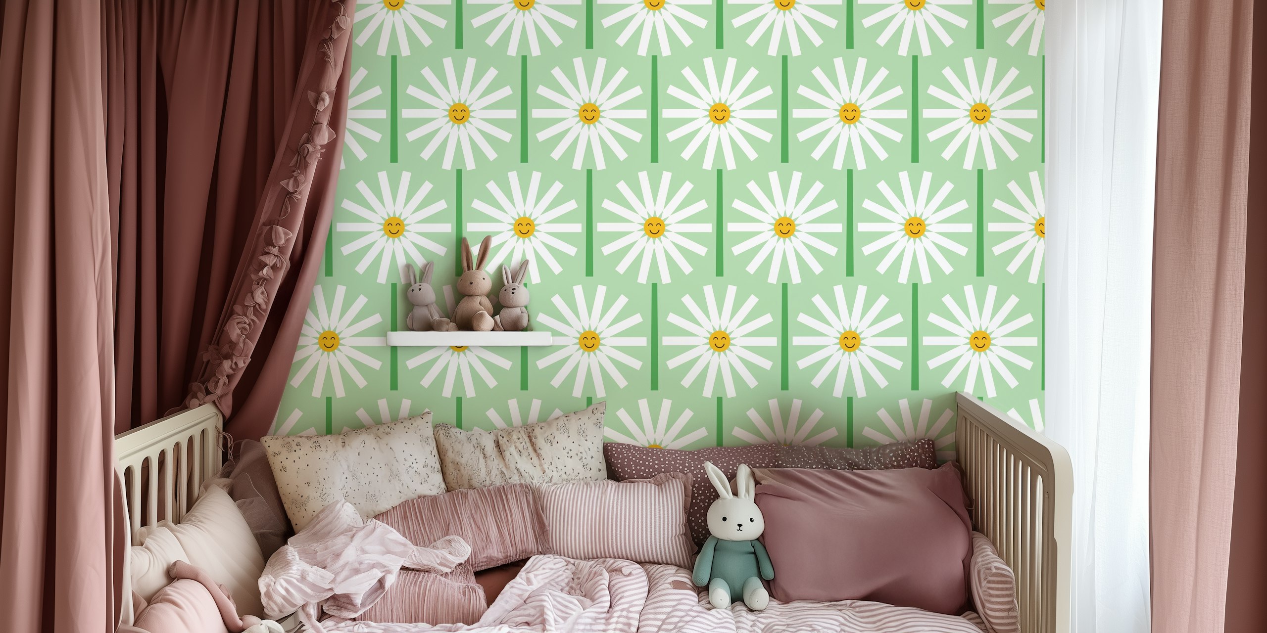 Happy Daisy green wallpaper in a room