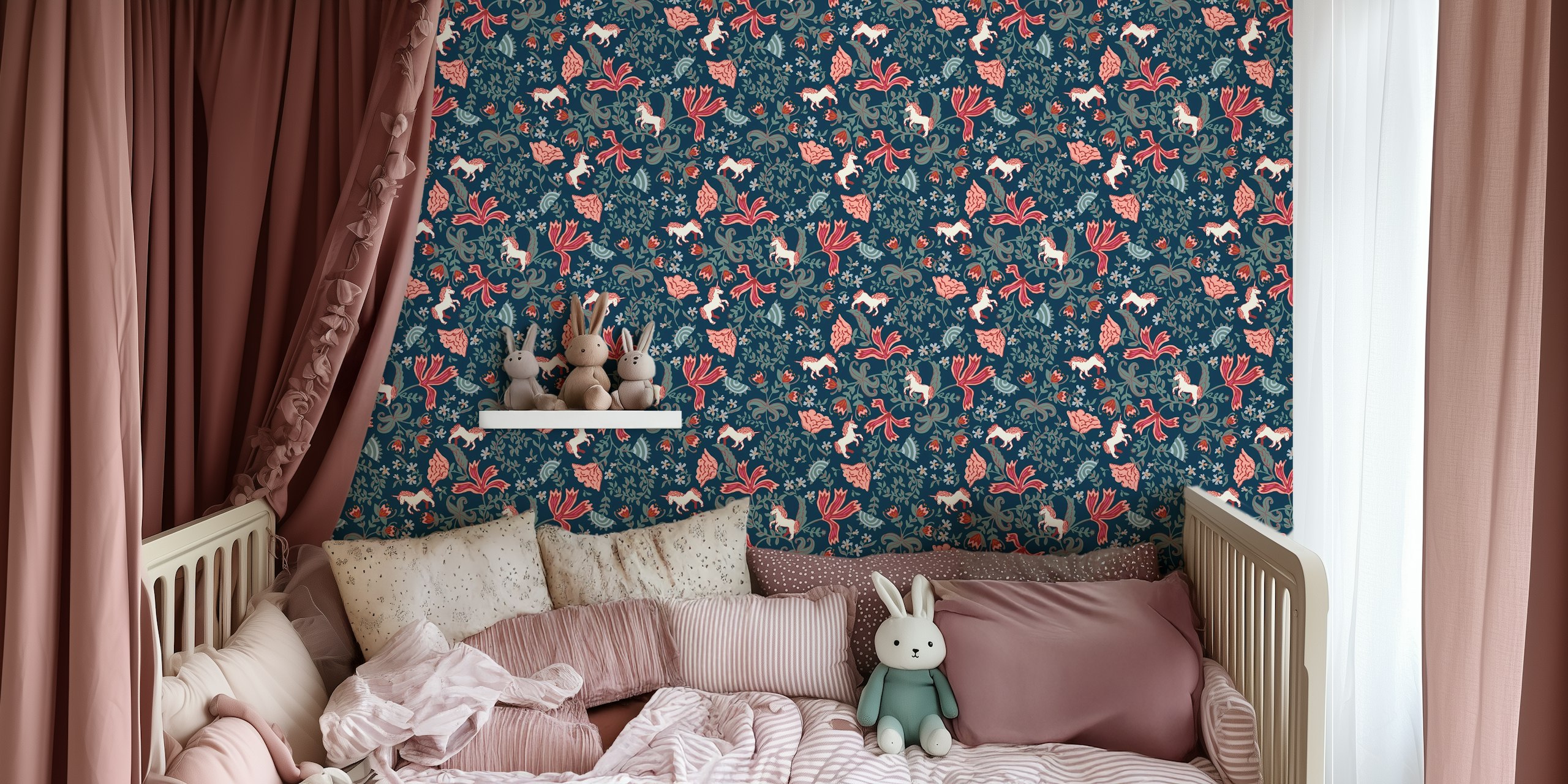 Unicorns and flowers on navy blue background wallpaper