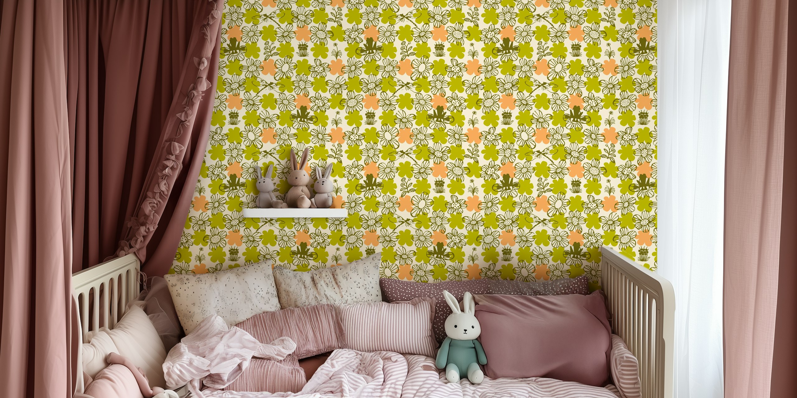Olive green floral pattern with orange accents on beige wallpaper