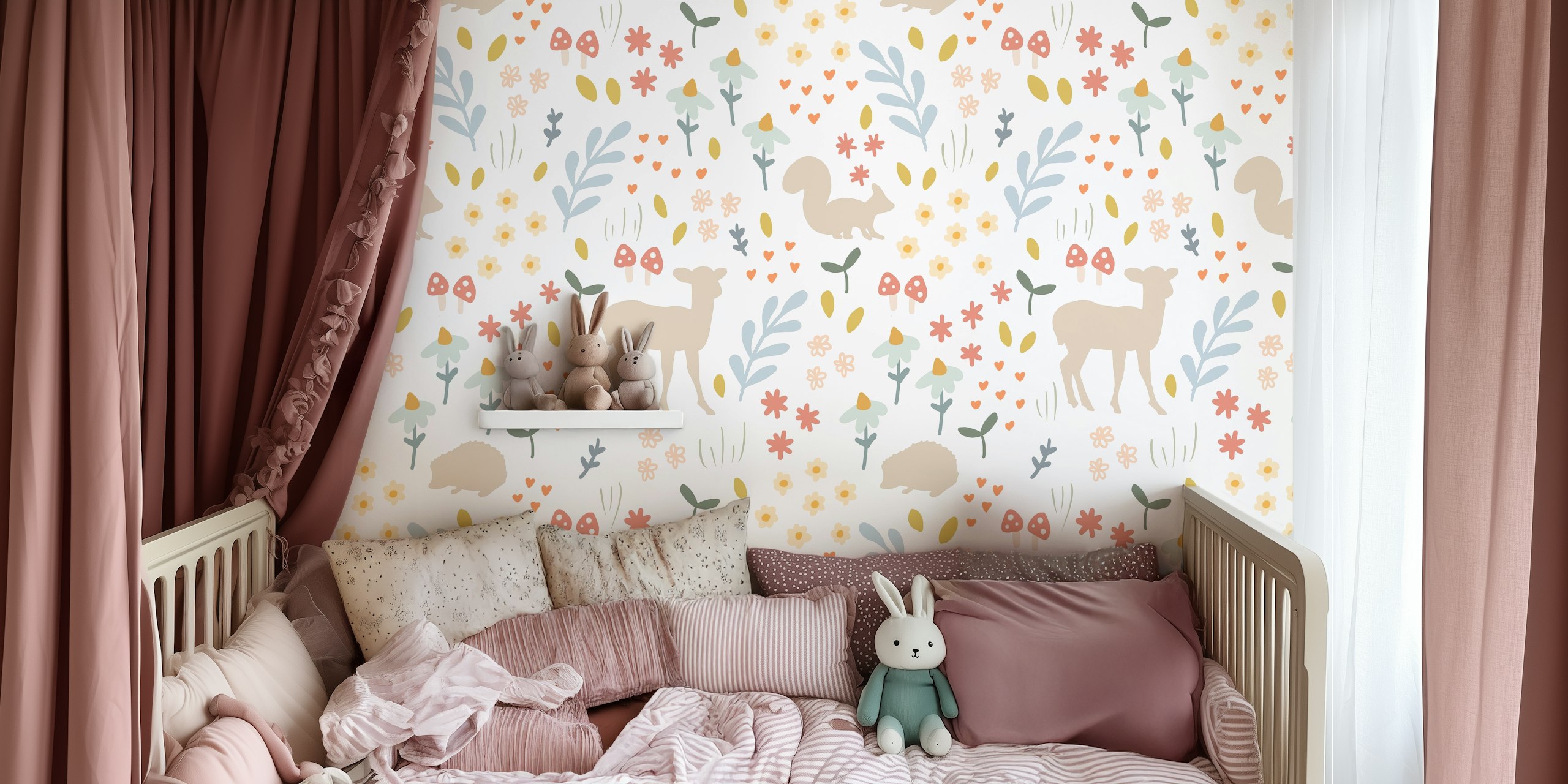 Squirrel, deer, flowers, and leaves in soft colors wallpaper