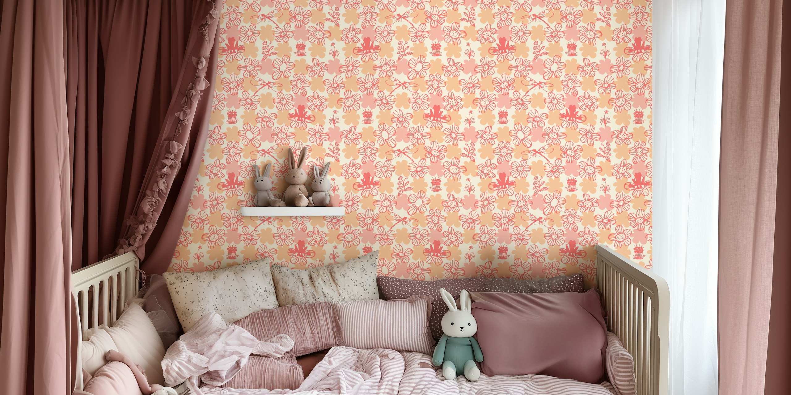 Scandinavian-style floral wall mural in peach and blush tones