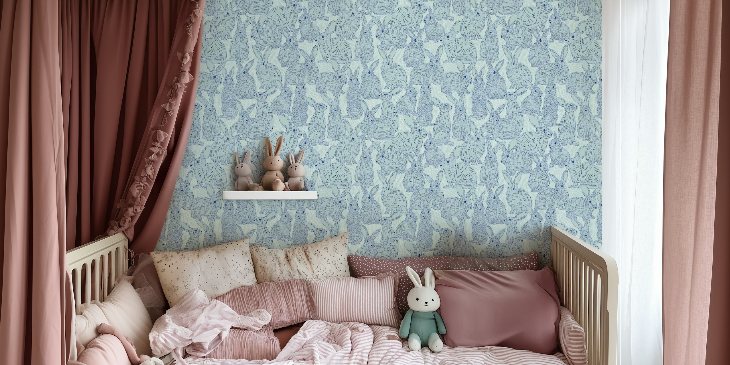 Dotted rabbits blue wallpaper in a room