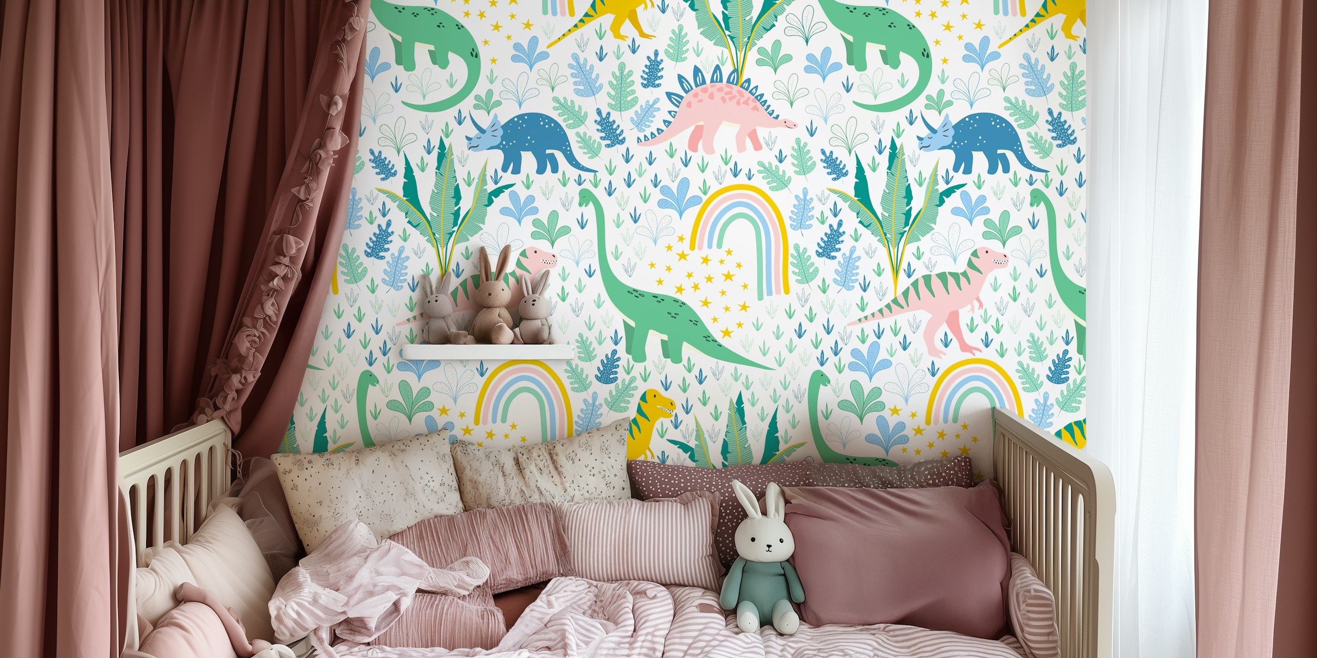 Colorful dinosaur designs with rainbows and stars wallpaper