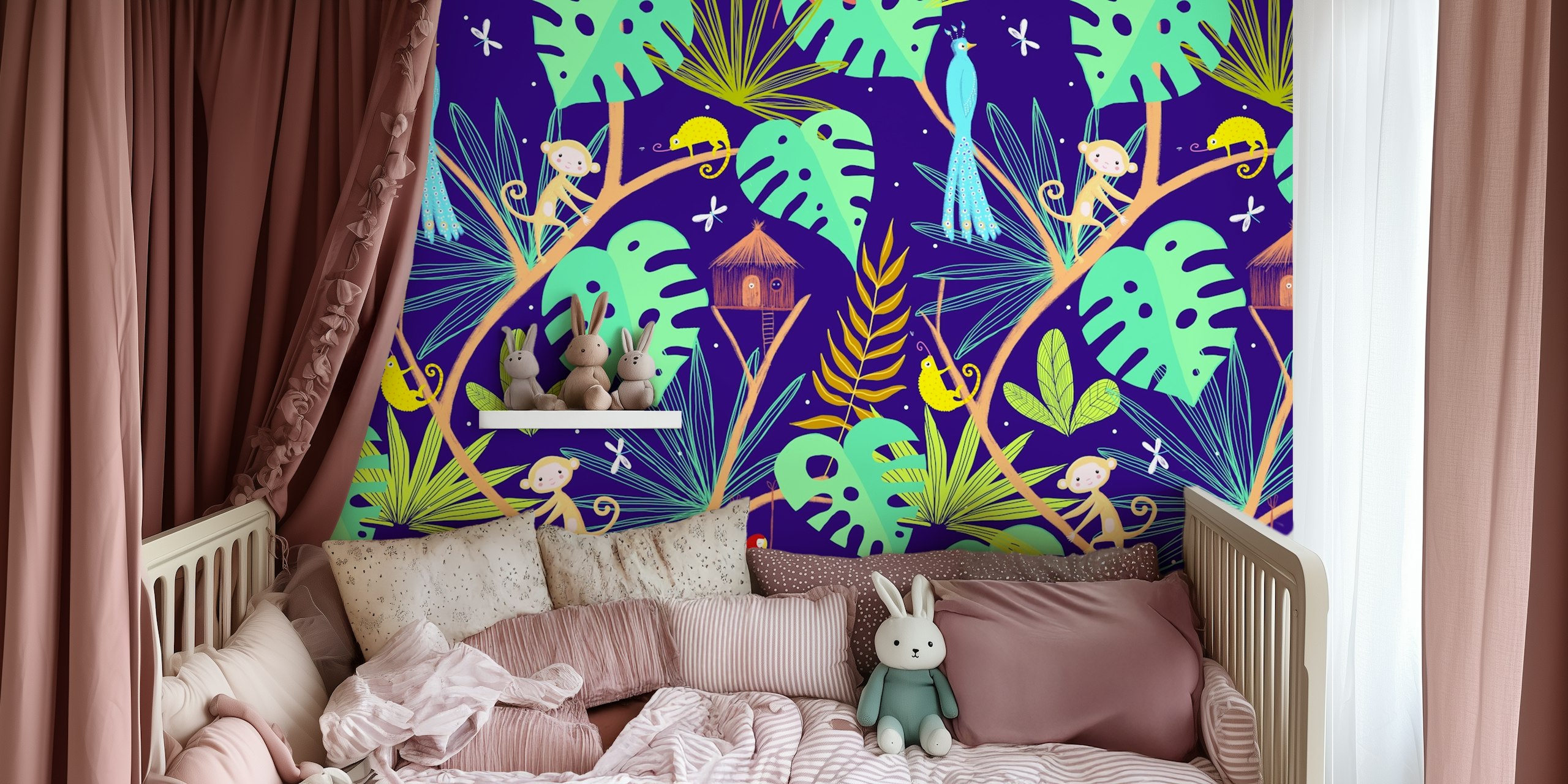 Jungle wallpaper with parrots and monkeys for kids