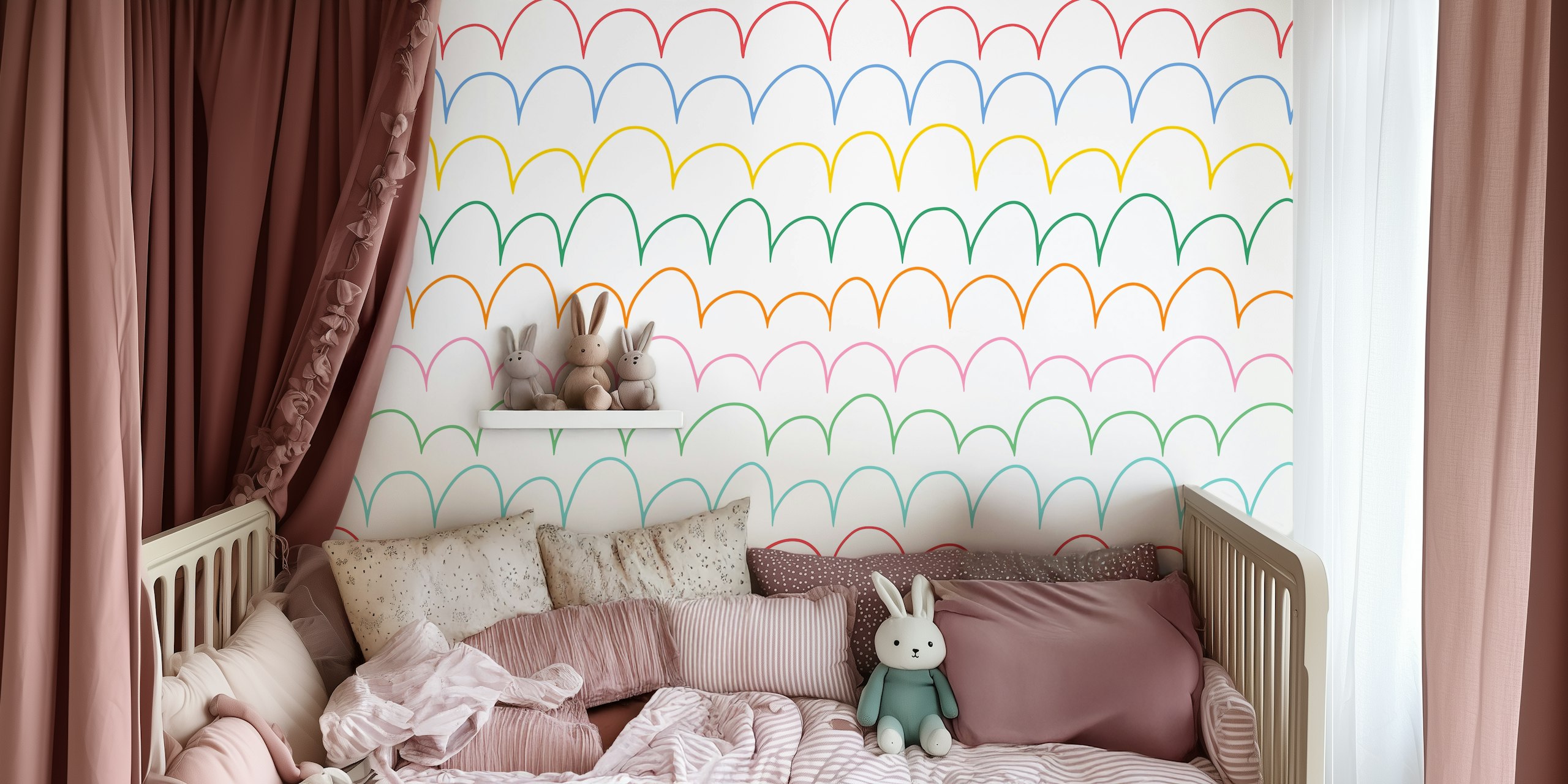 Colorful curved stripes in red, blue, yellow, green, pink on white wallpaper