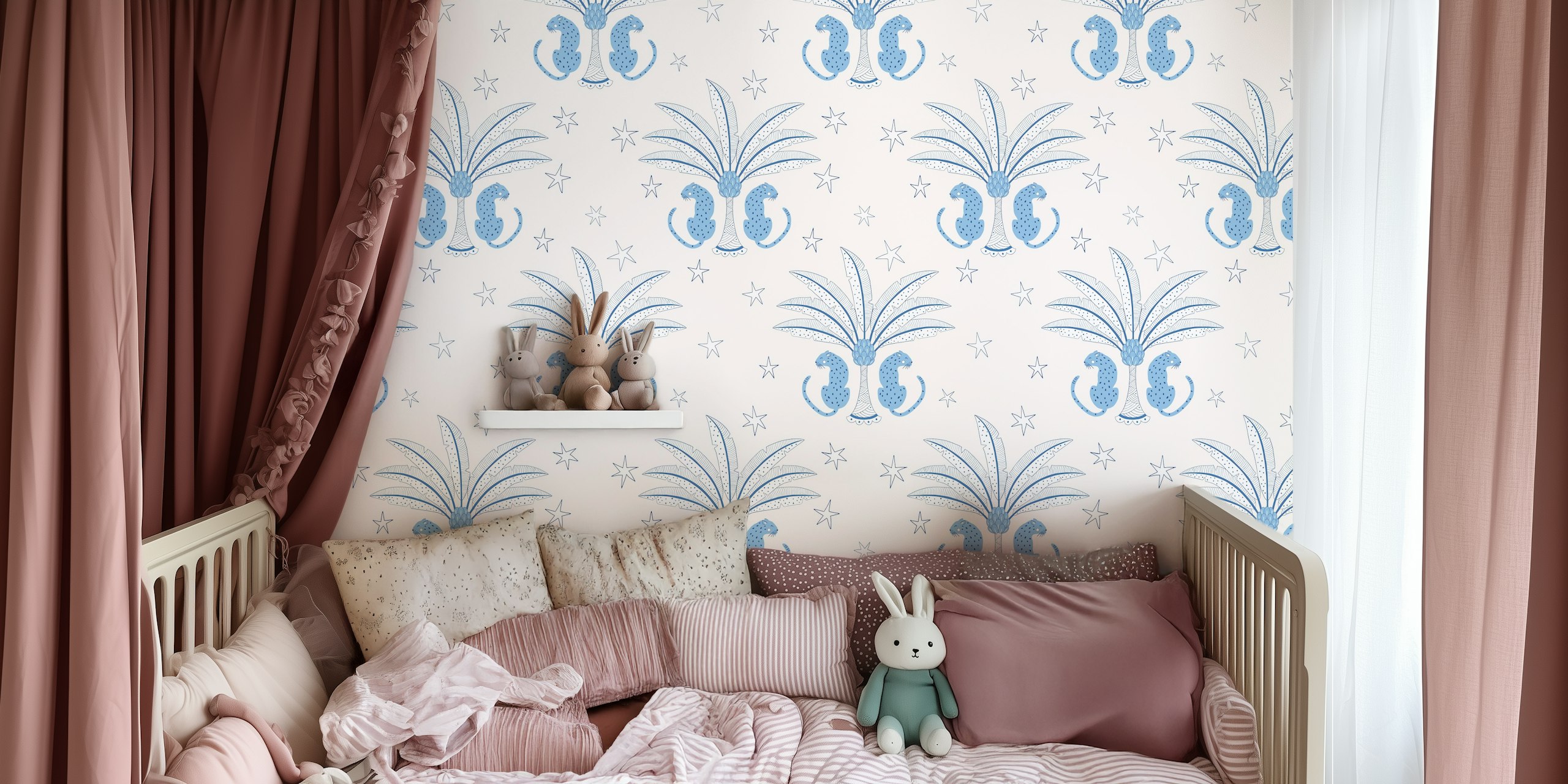 Blue leopards and palm leaves pattern wallpaper