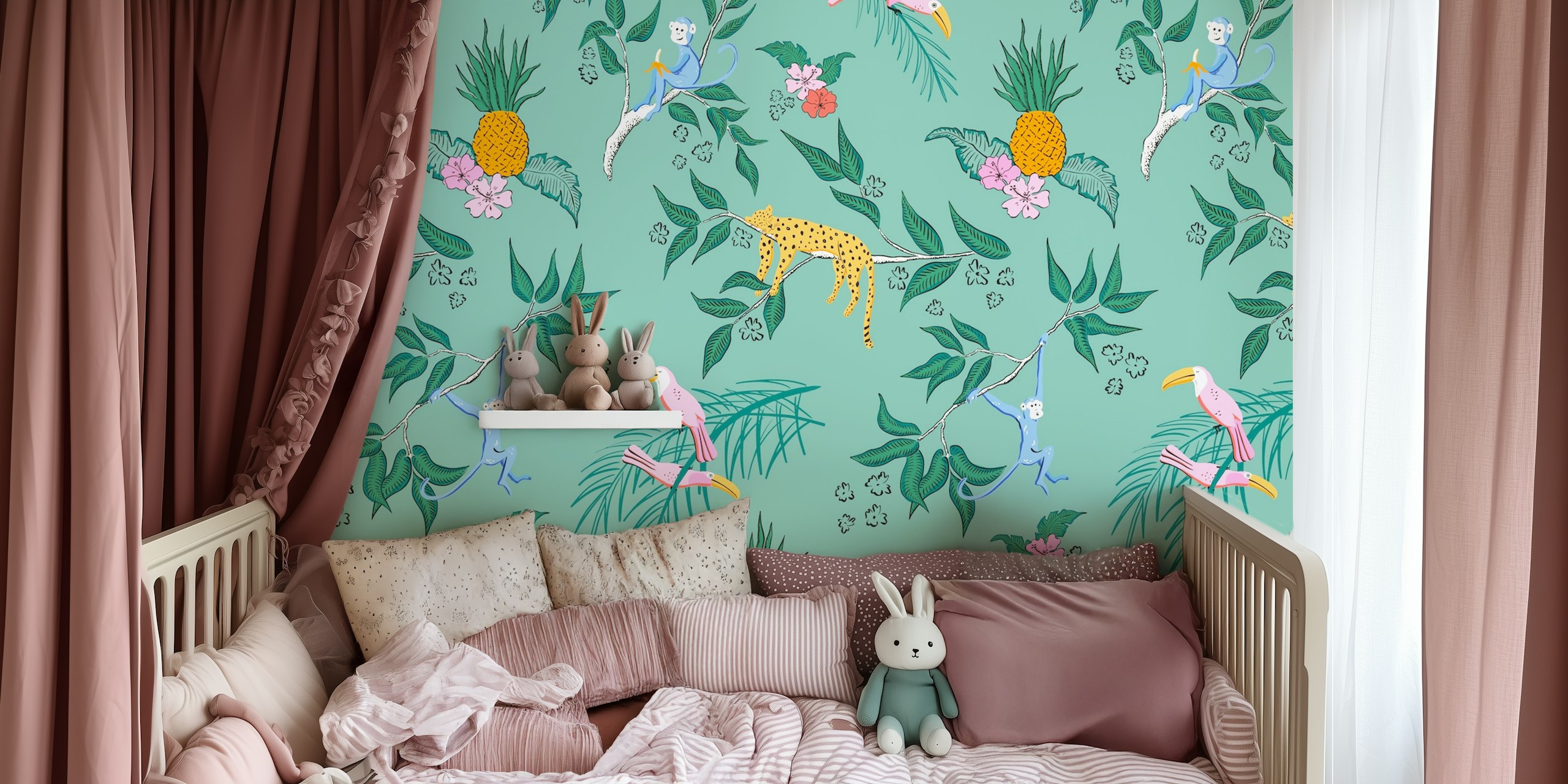 Green jungle wallpaper with monkeys, leopards, and tropical plants