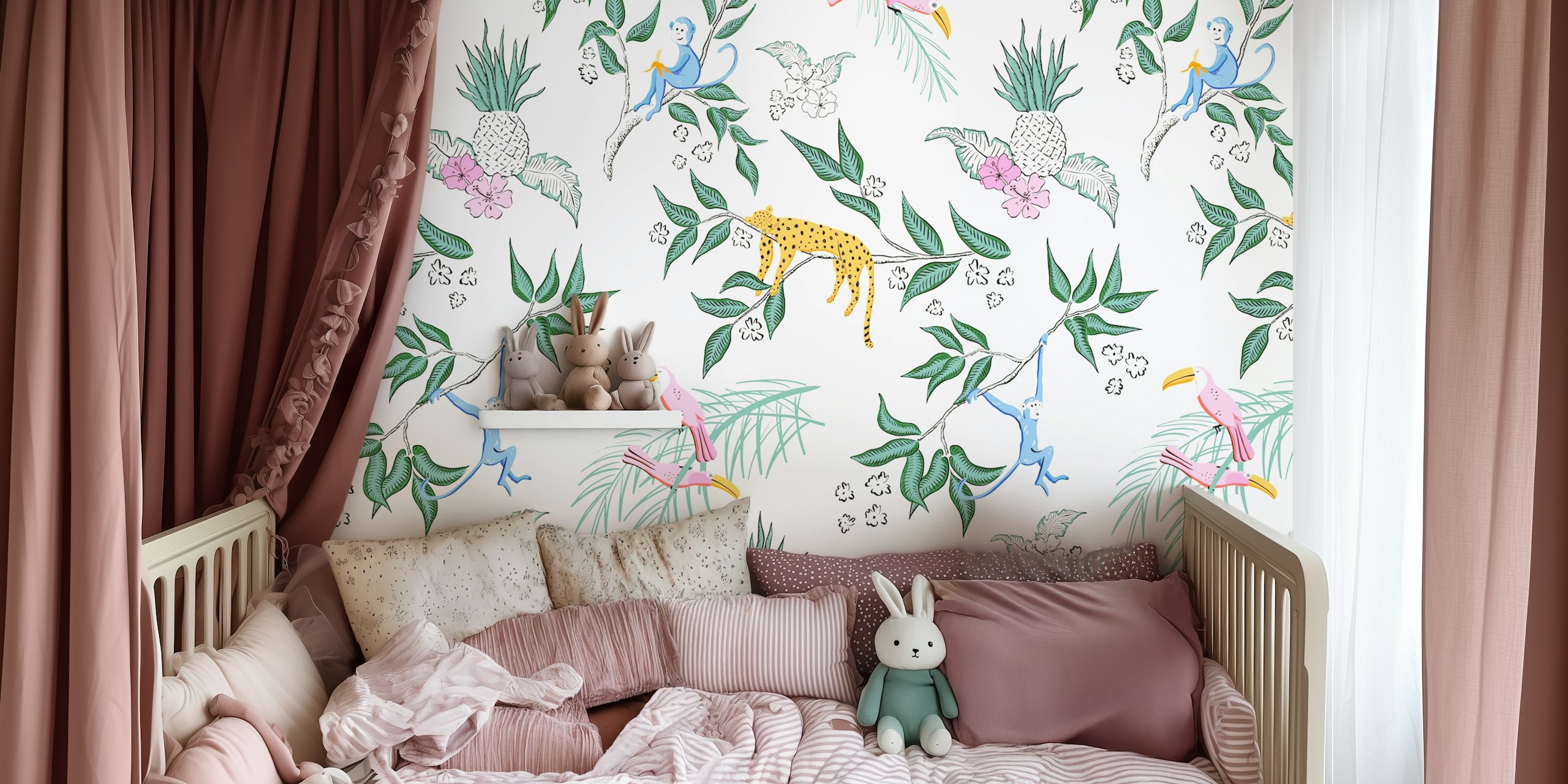 Tropical jungle design with monkeys, leopards, and pink birds on a cream background wallpaper