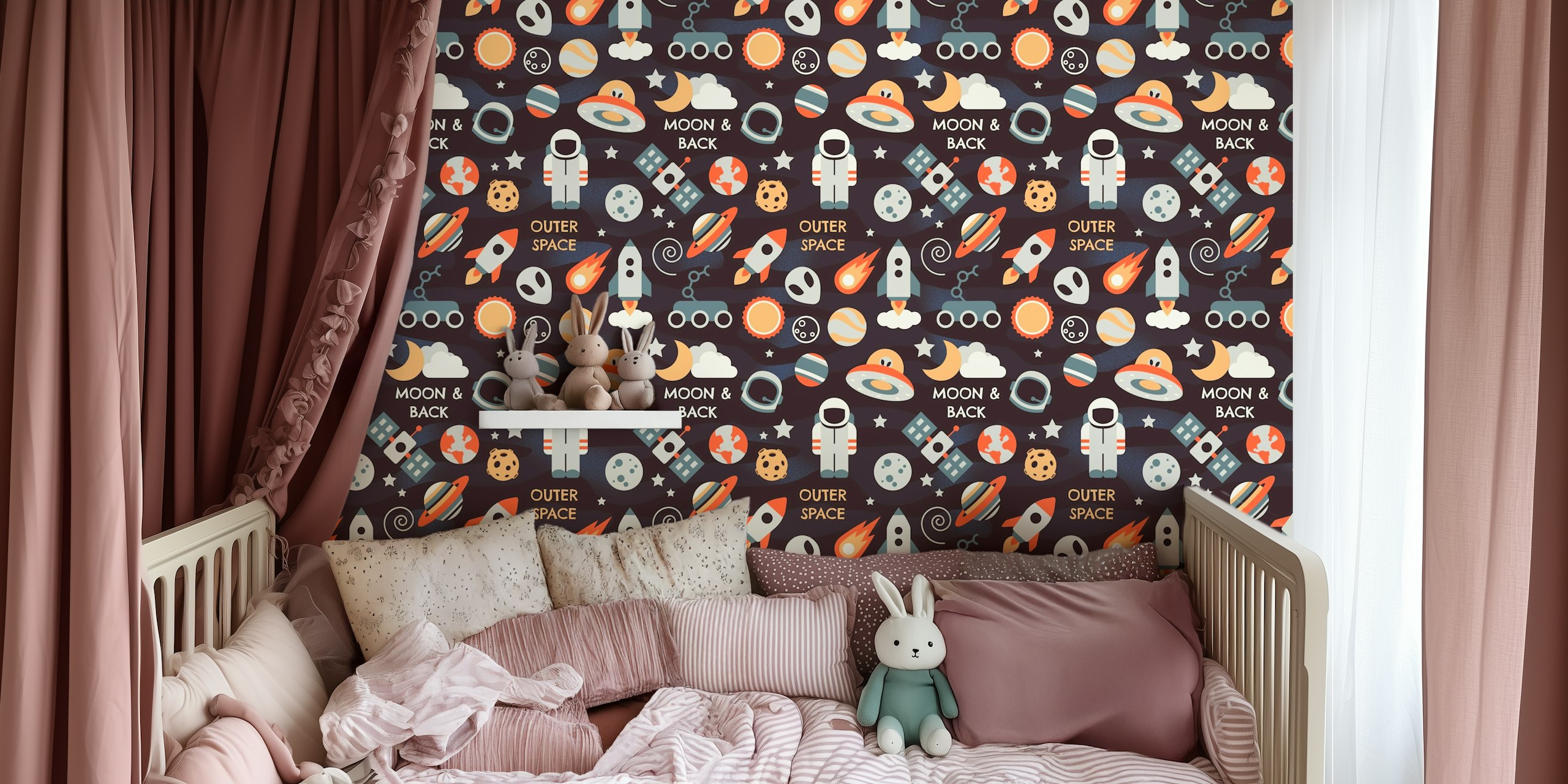 Outer space themed wallpaper featuring rockets, planets, and stars in playful colors.