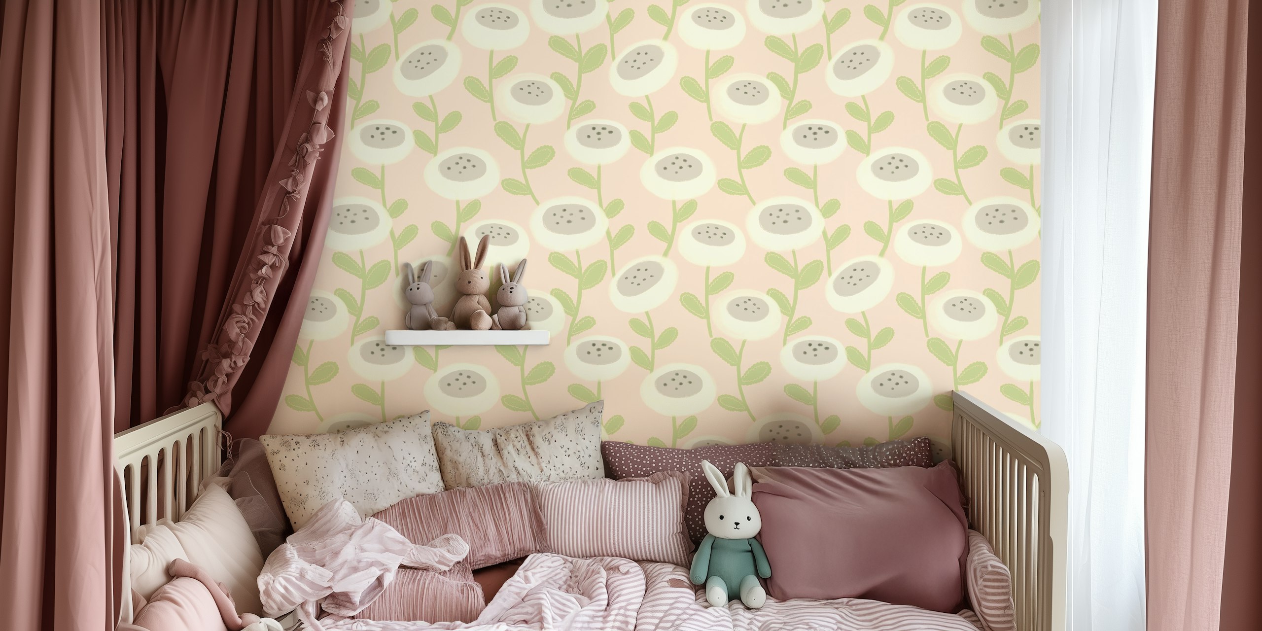 Pink floral wallpaper with white flowers and green leaves
