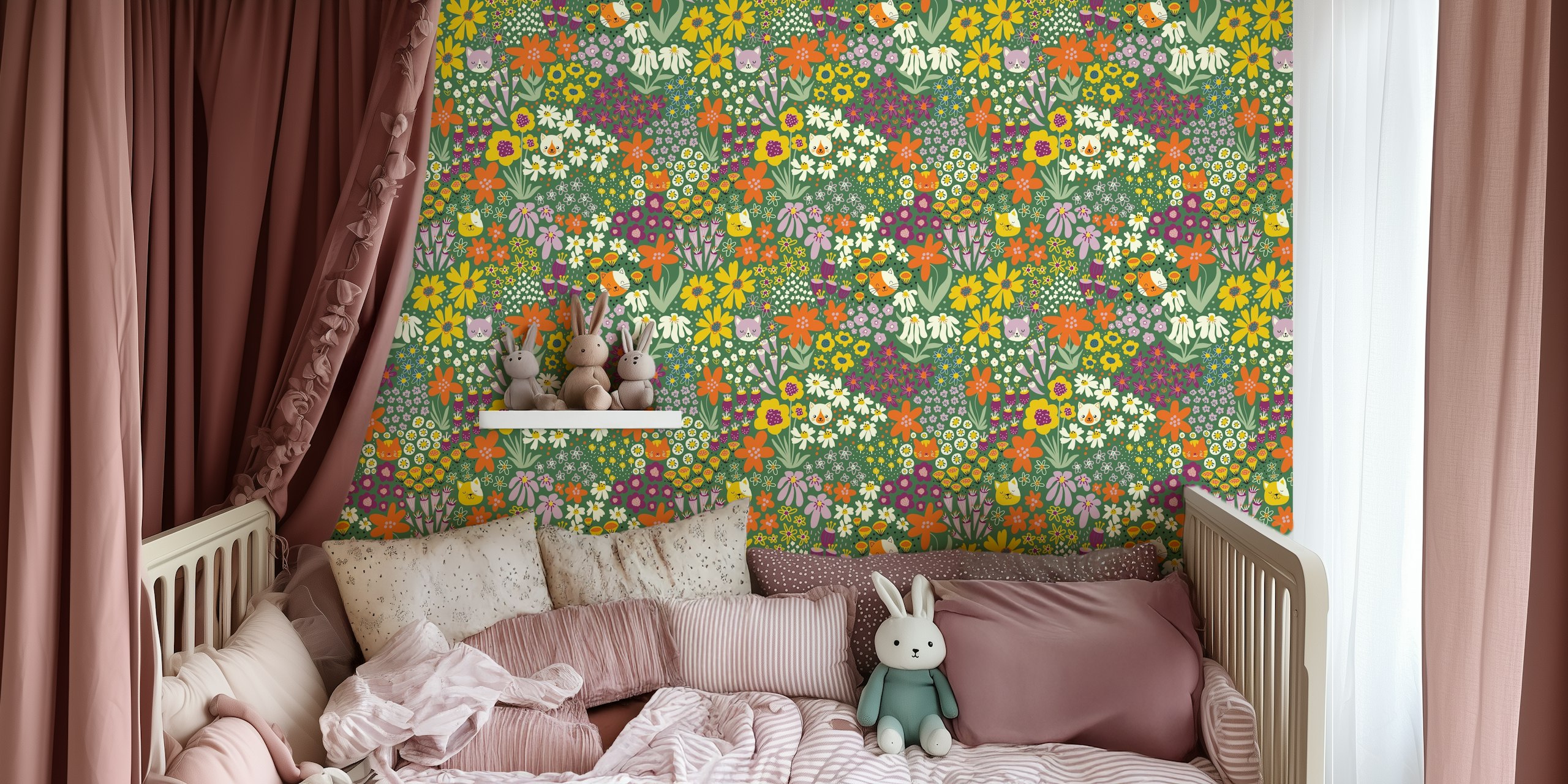 Happy Cats Wild Flowers Multicolor Carta da parati