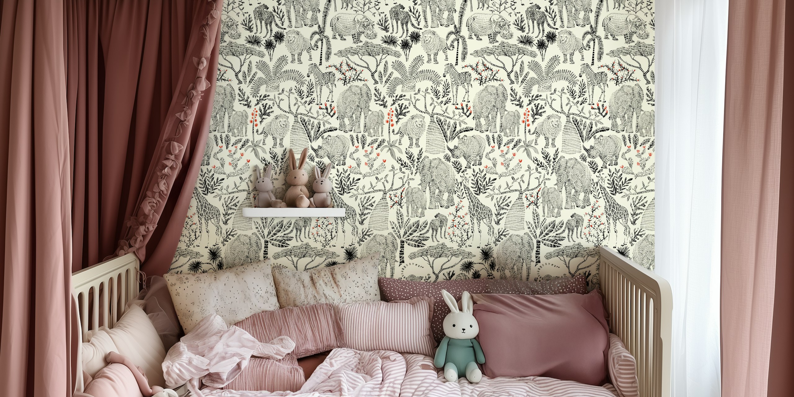 Wildlife Safari black 'n white wallpaper in a room