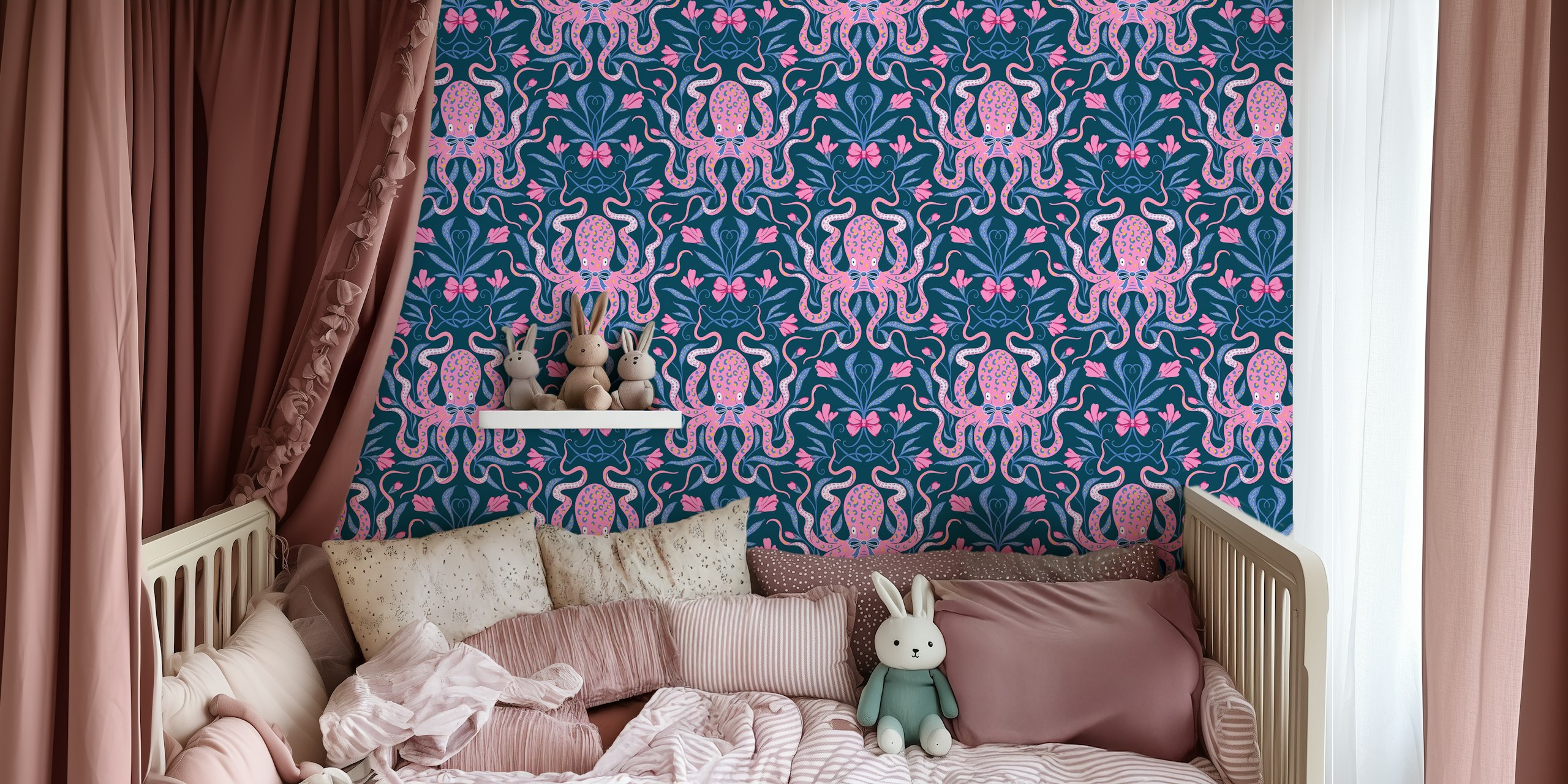 Papel de parede Preppy Octopus em um quarto elegante