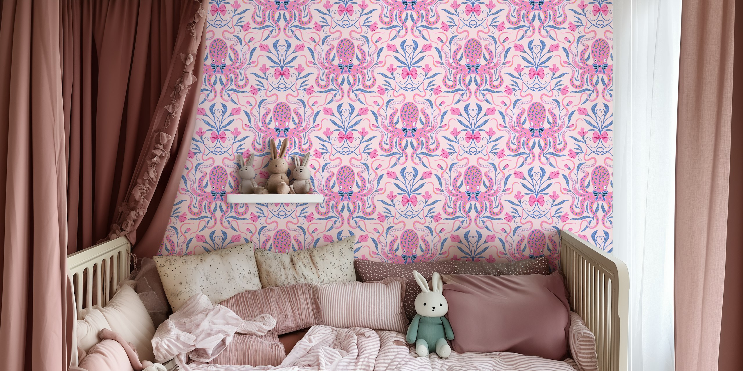 Papier peint motif pieuvre preppy en rose et bleu
