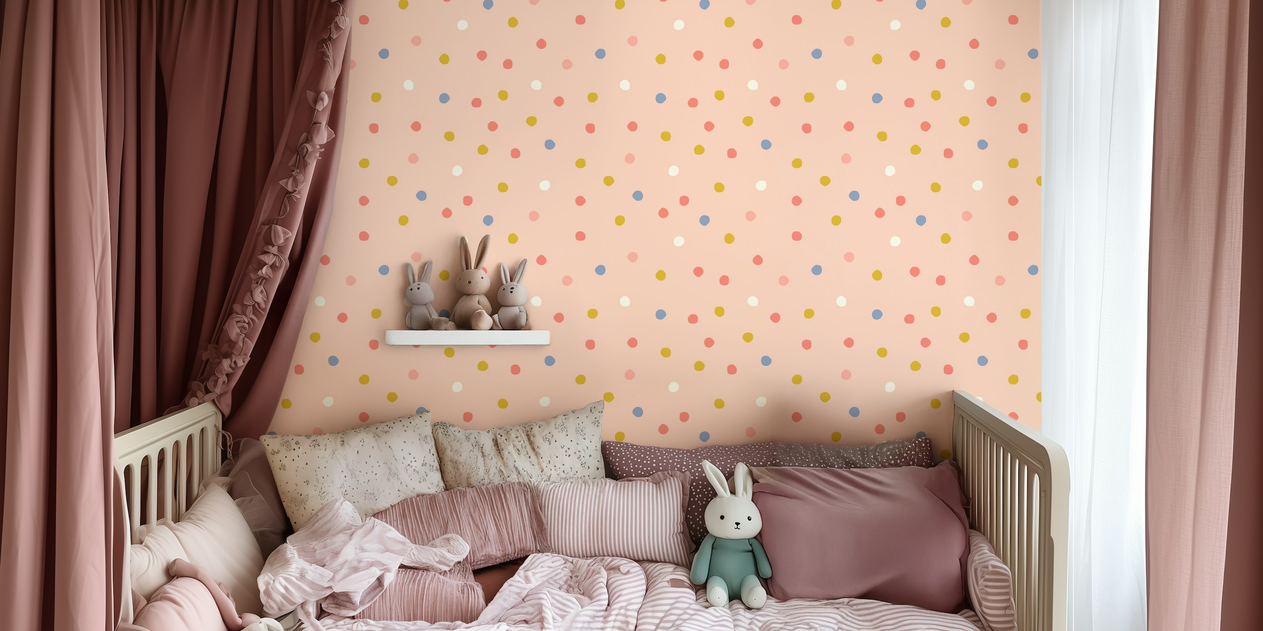 Colorful polka dots in pink, yellow, blue on soft pink background wallpaper
