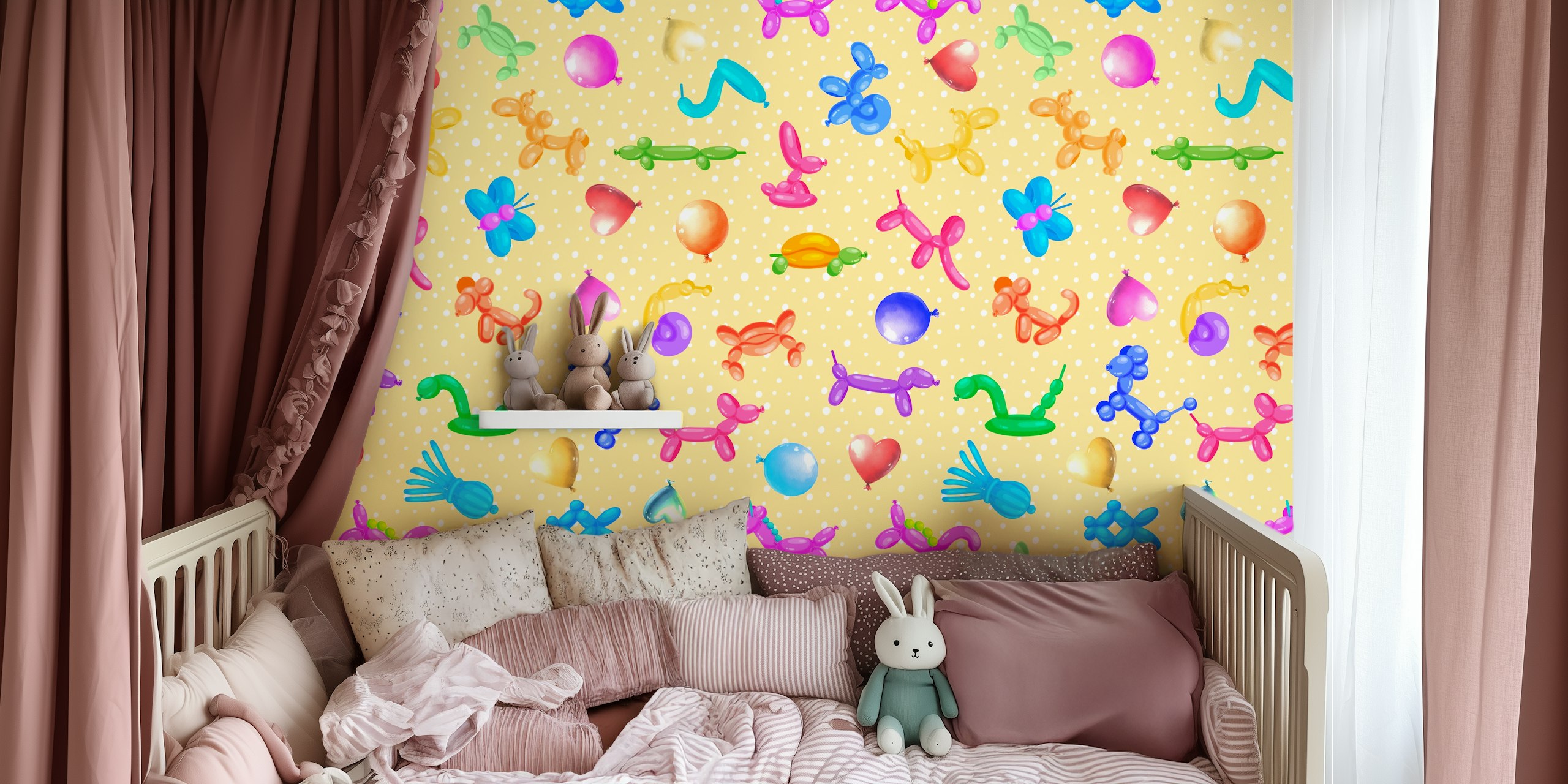 Colorful balloon animals and polka dots on yellow background wallpaper