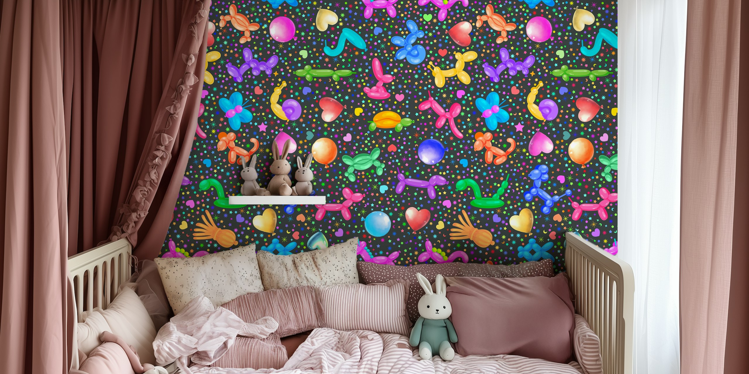 Χρωματιστοί τοίχοι με ζωντανά ζώα από μπαλόνια σε ένα δωμάτιο