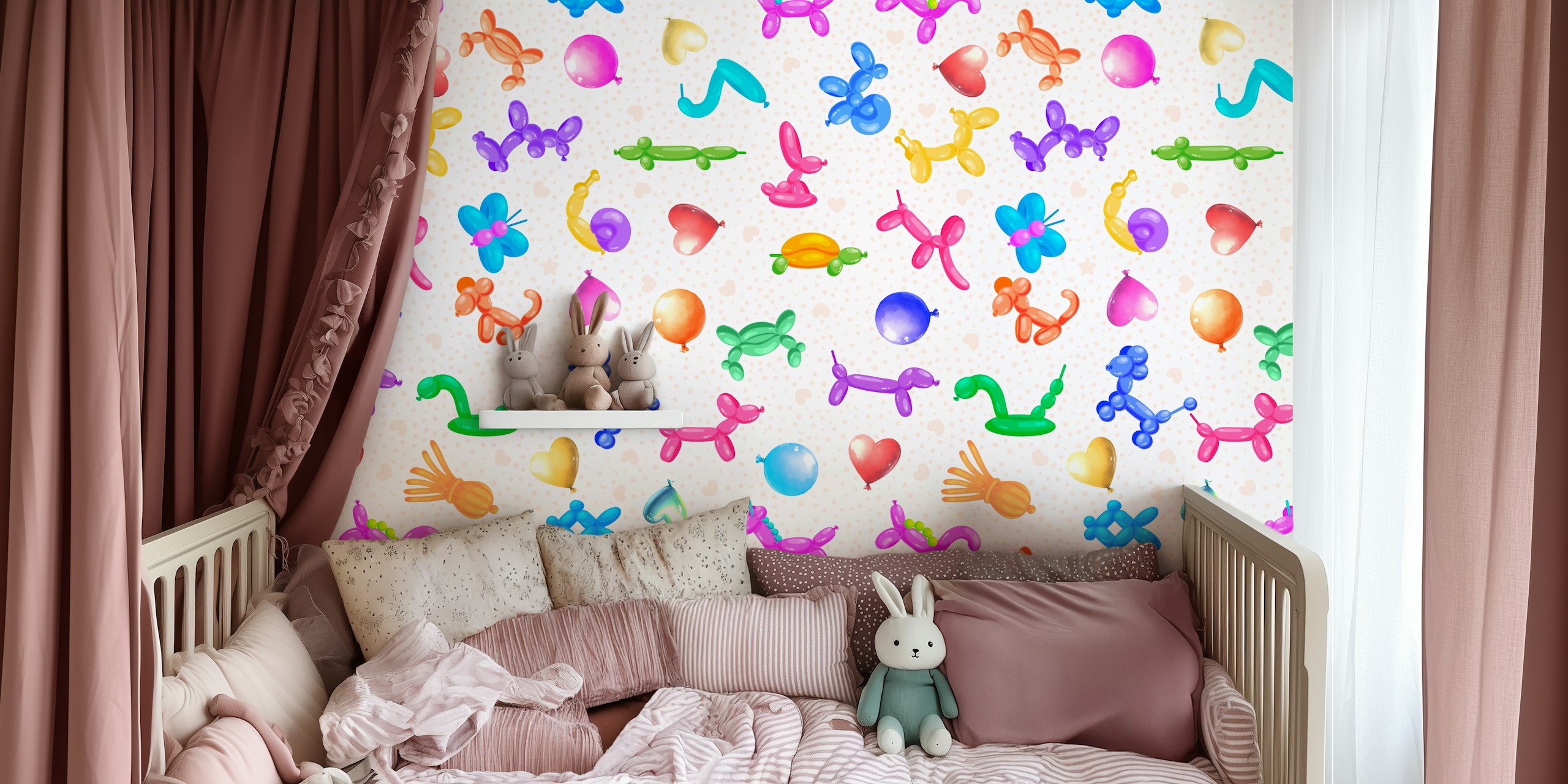 Colorful balloon animals on a polka dot background wallpaper