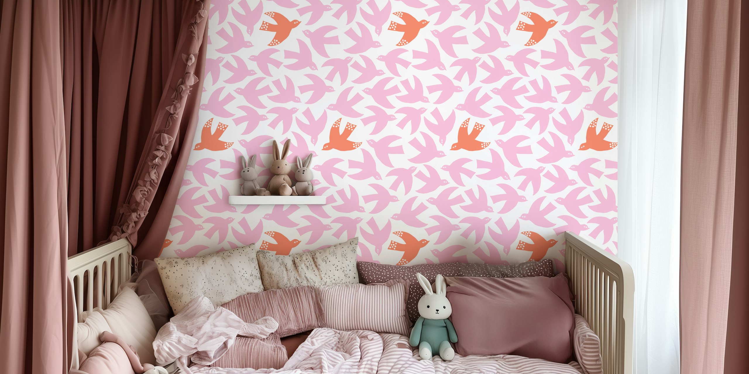 Colorful pink and orange paper cut bird pattern wallpaper
