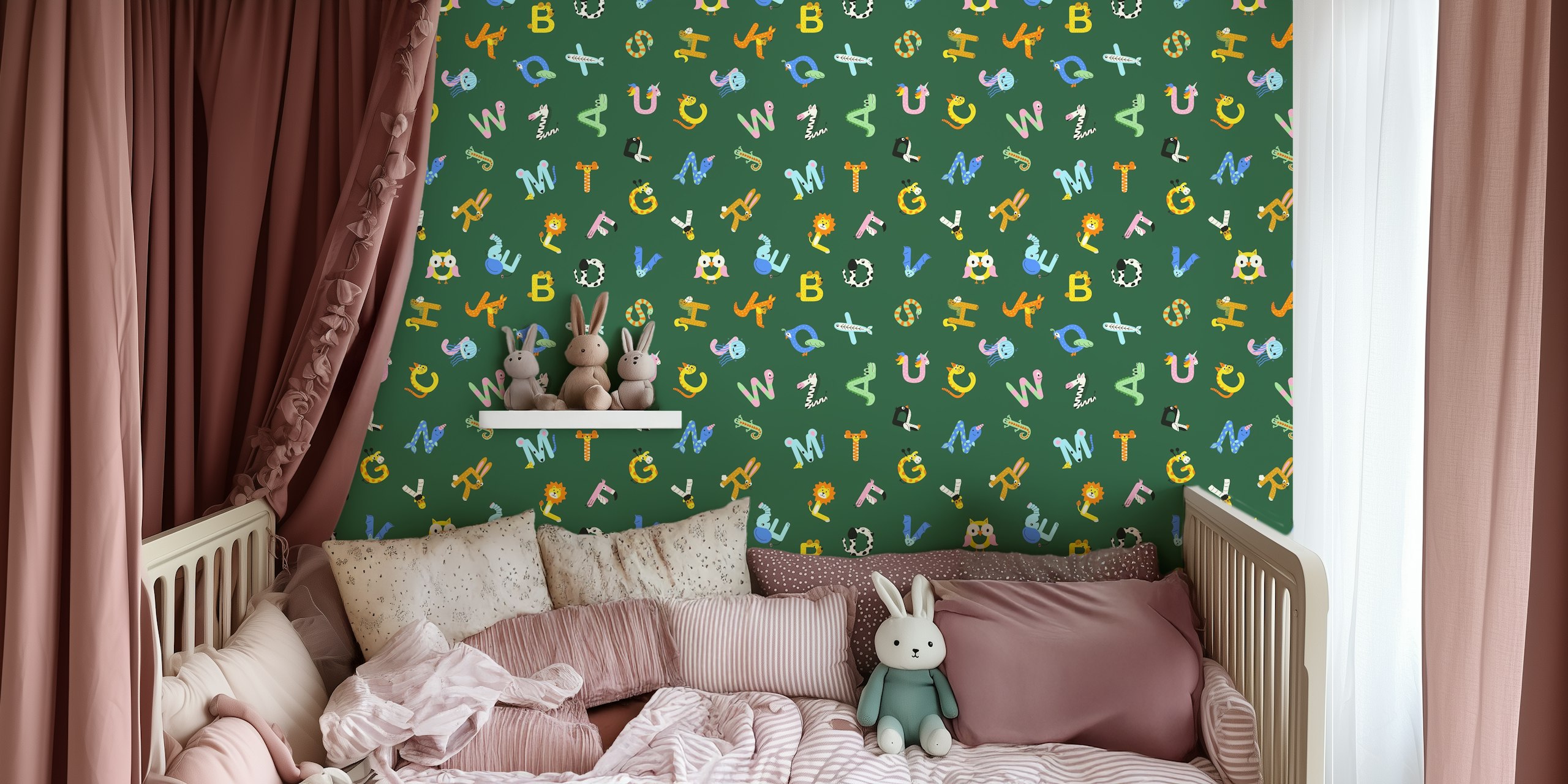 Colorful animal letters on dark green background wallpaper