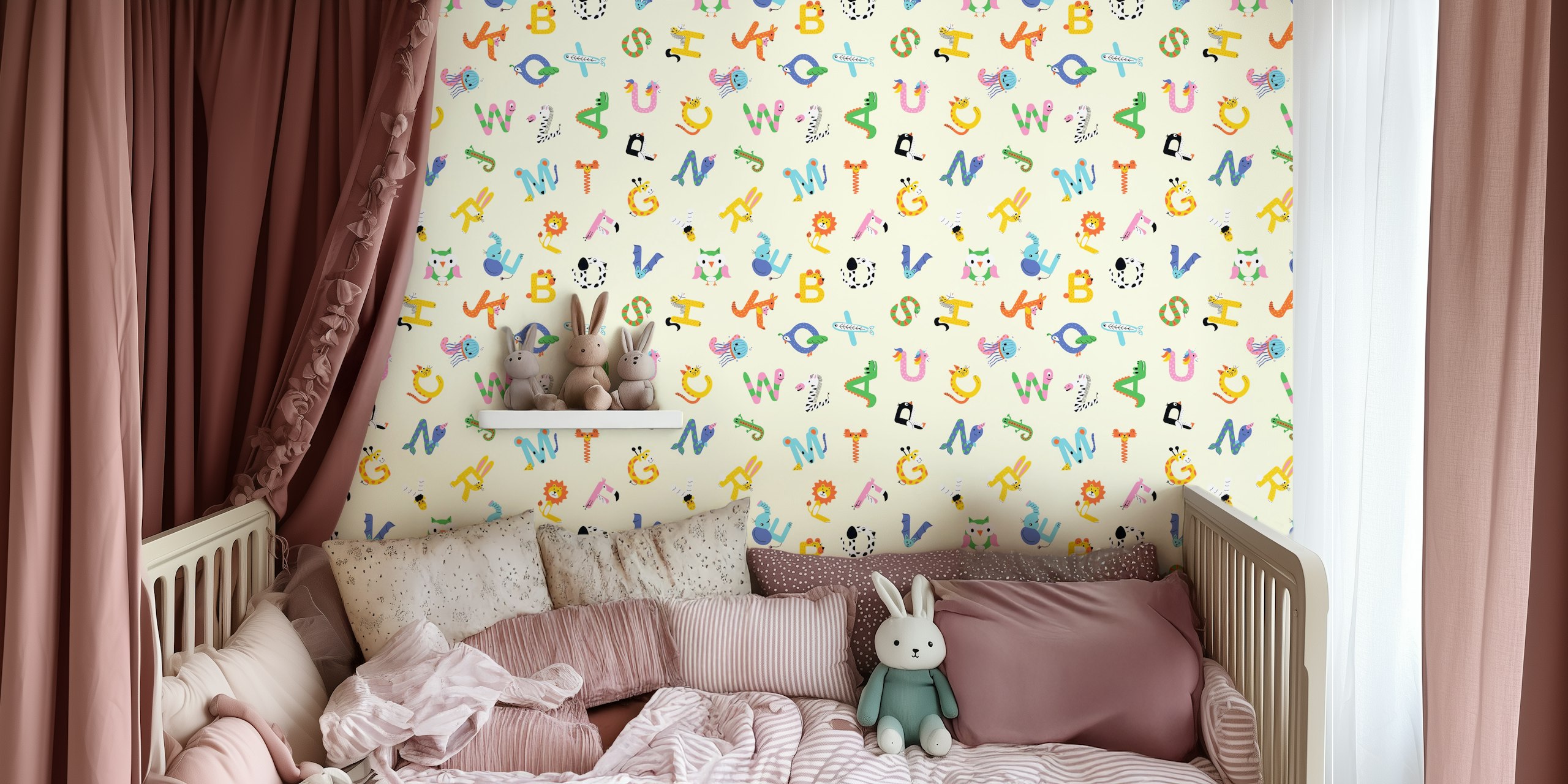 Colorful animal alphabet letters on light beige wallpaper