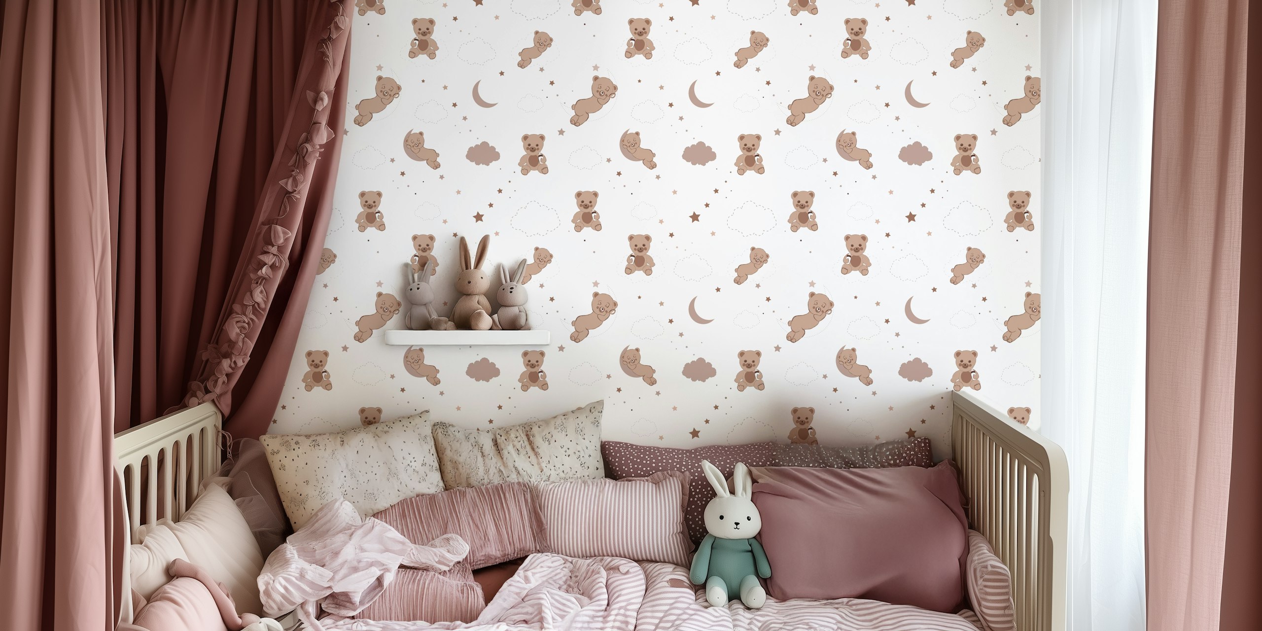 Neutral brown teddy bear pattern wall mural with clouds and moons