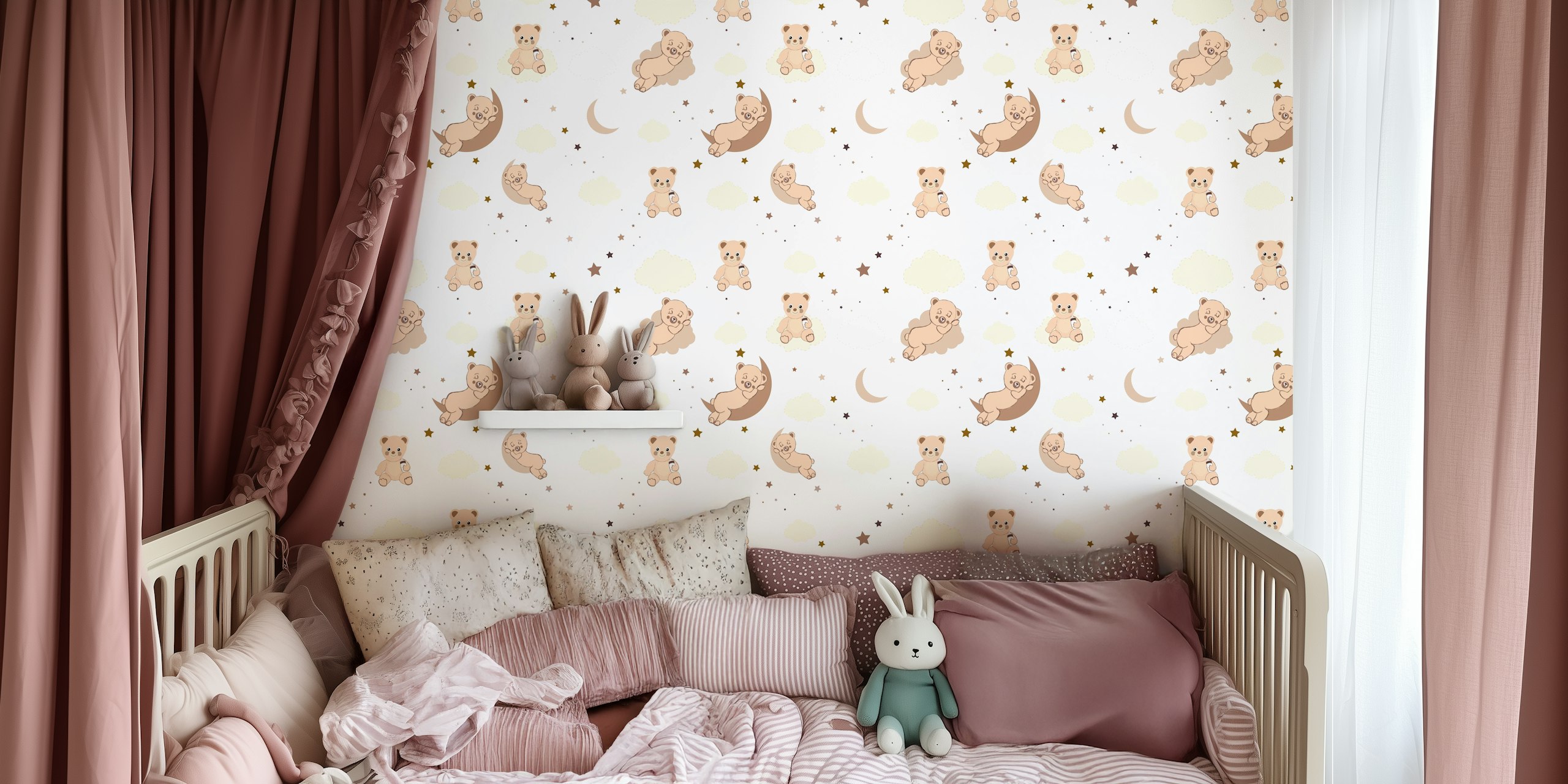 Cute teddy bear pattern with playful teddy illustrations and celestial elements on a wallpaper mural