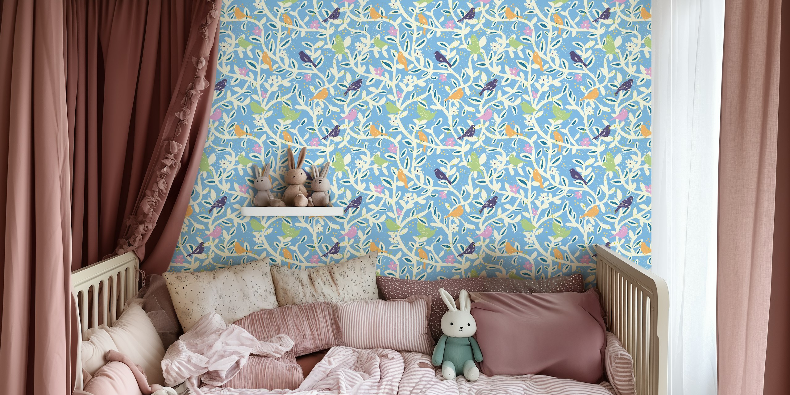 Papier peint mural Oiseaux colorés sur des branches sur fond bleu crayeux