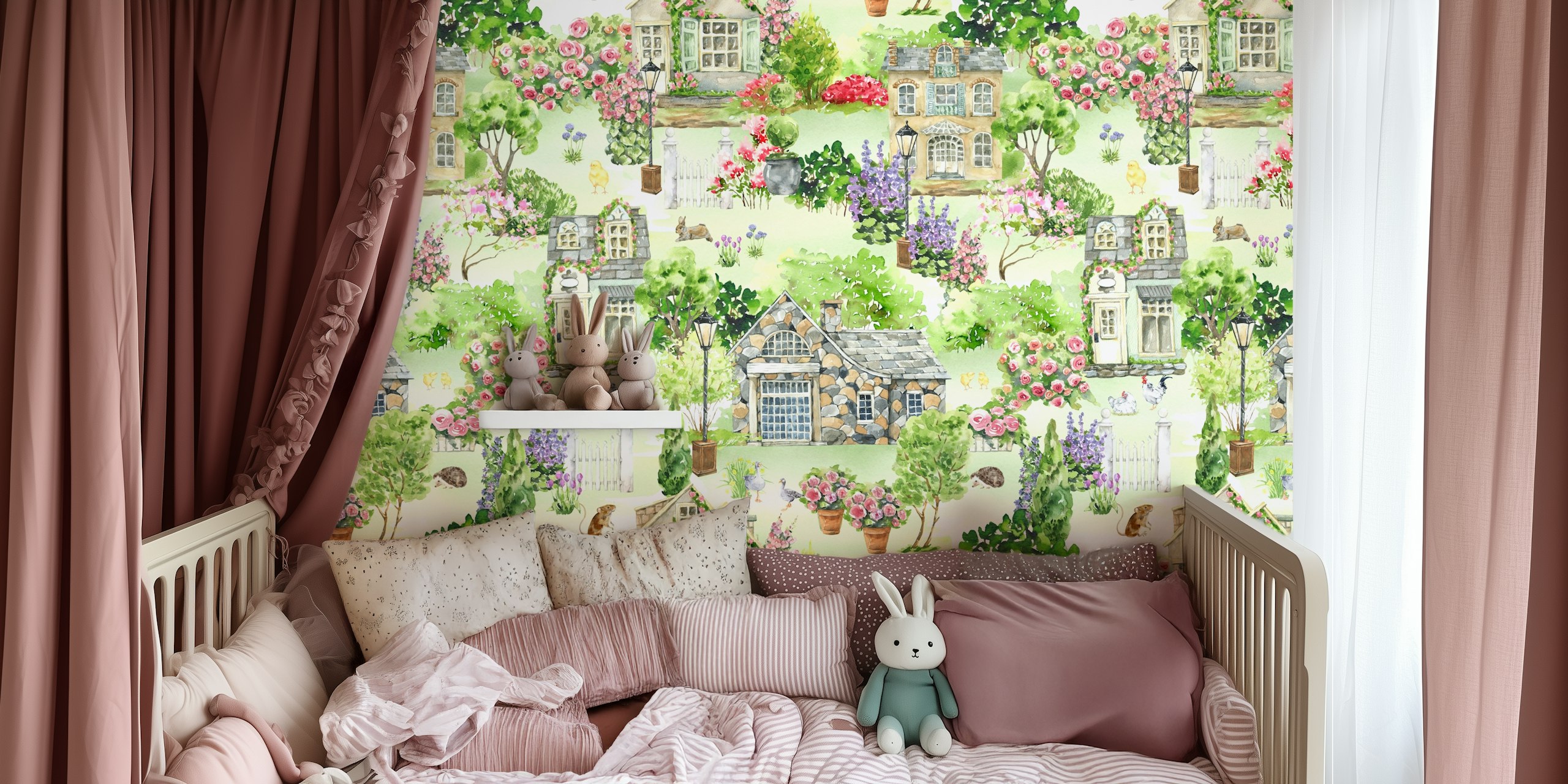 Garden landscape wallpaper in a room