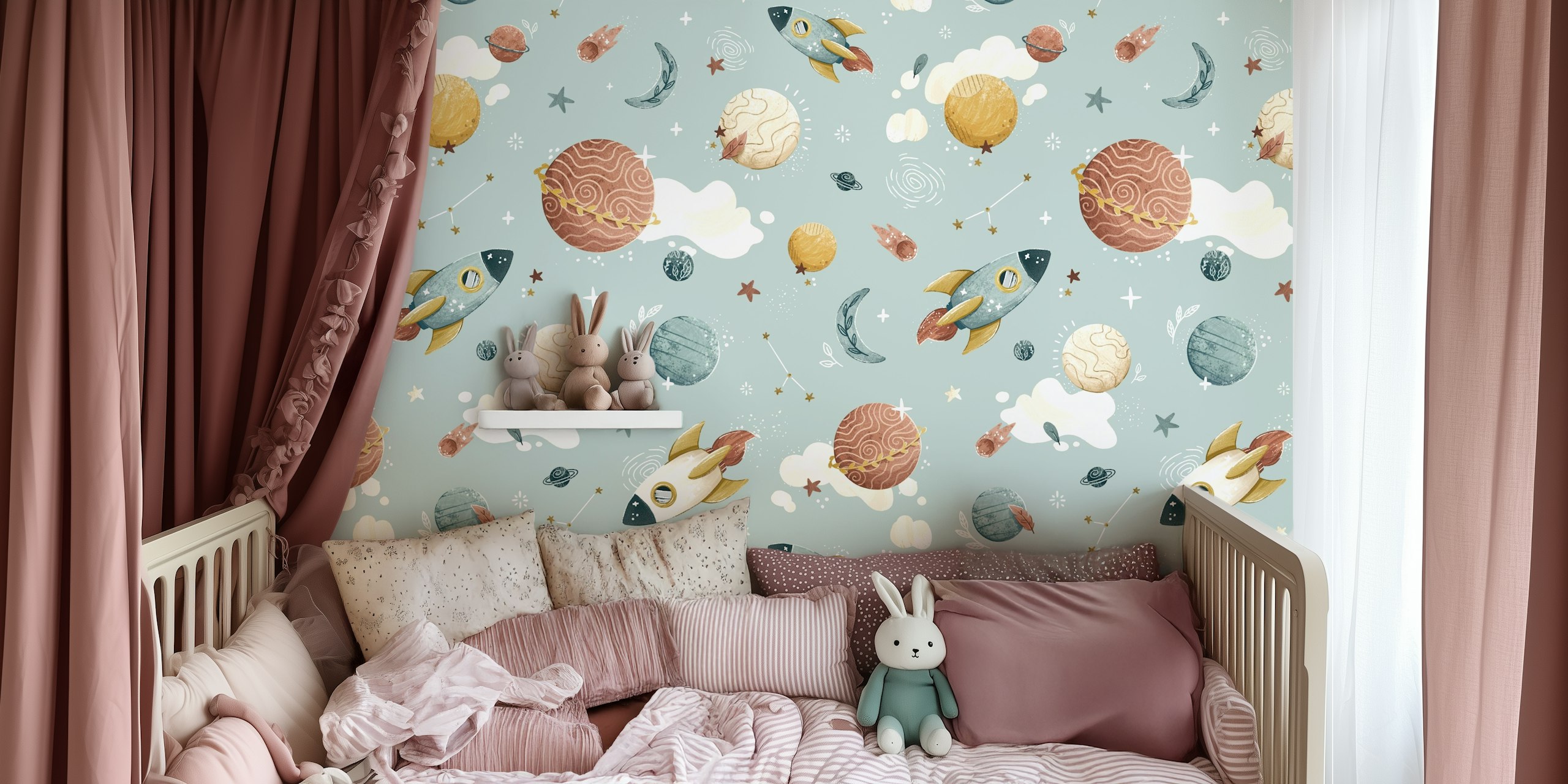 Mint floral pattern wallpaper with pastel flowers and leaves