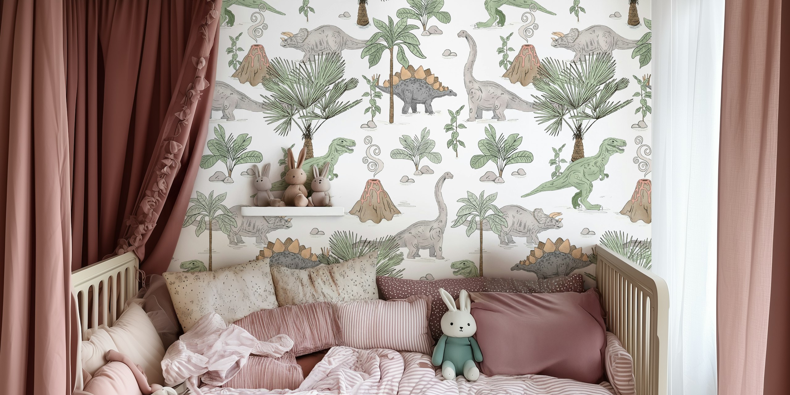 Dinosaur illustrations with green and gray tones on white background wallpaper