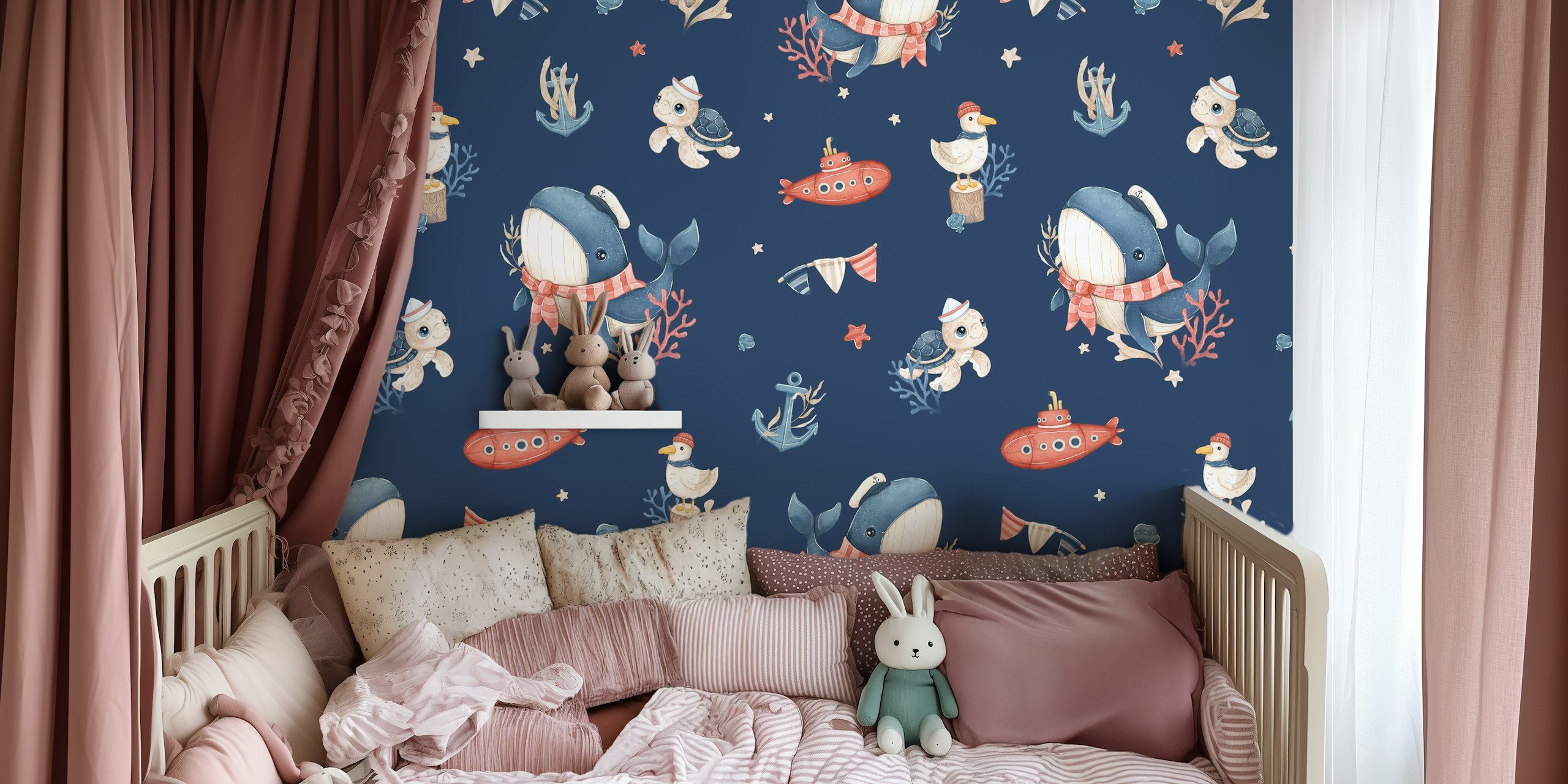 Nautical themed wallpaper with whales and turtles