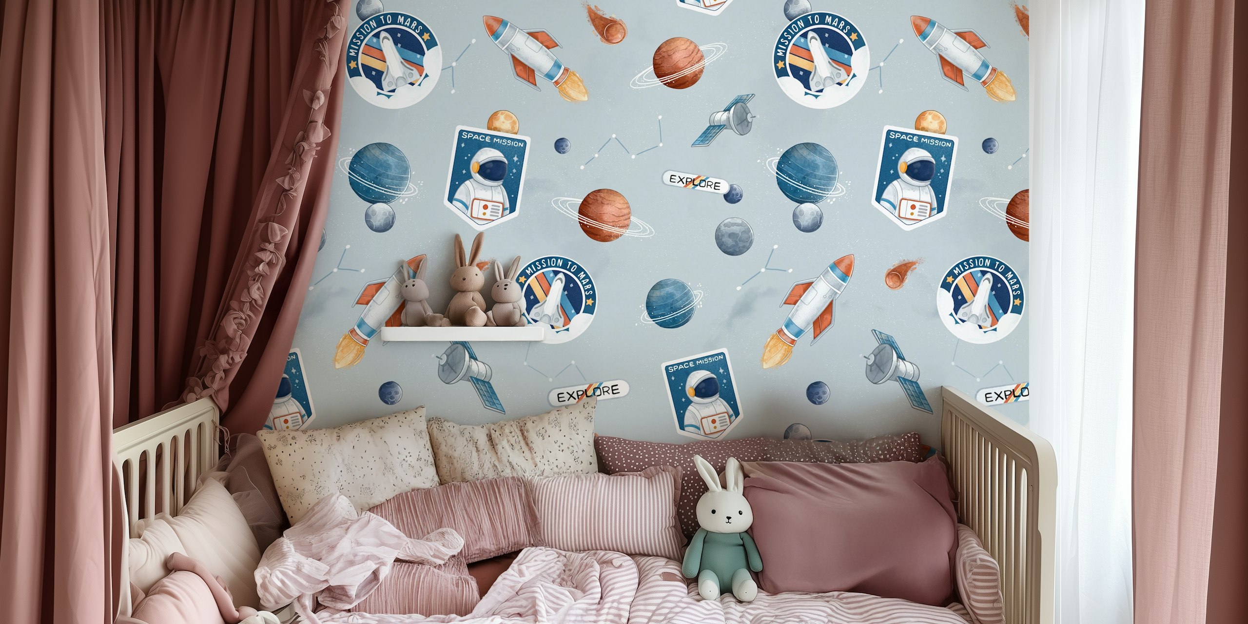 Fototapeta z motywem kosmicznym Misja na Marsa przedstawiająca rakiety, astronautów i planety na szarym tle