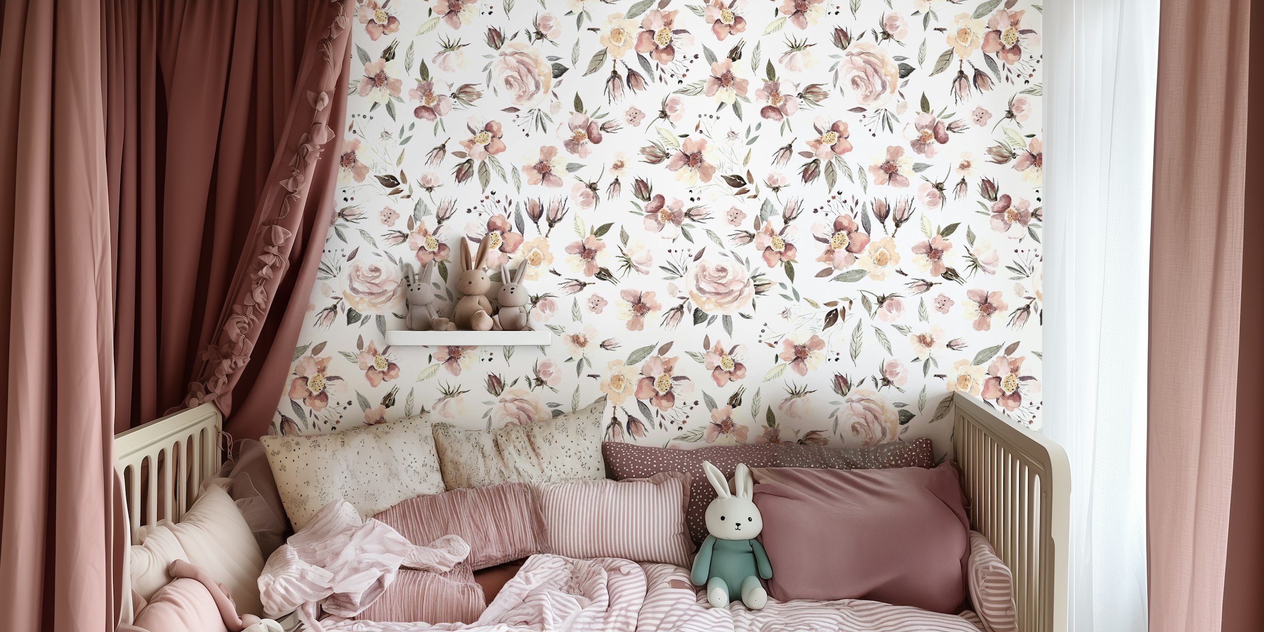 Pink floral patterns with green leaves on white background wallpaper