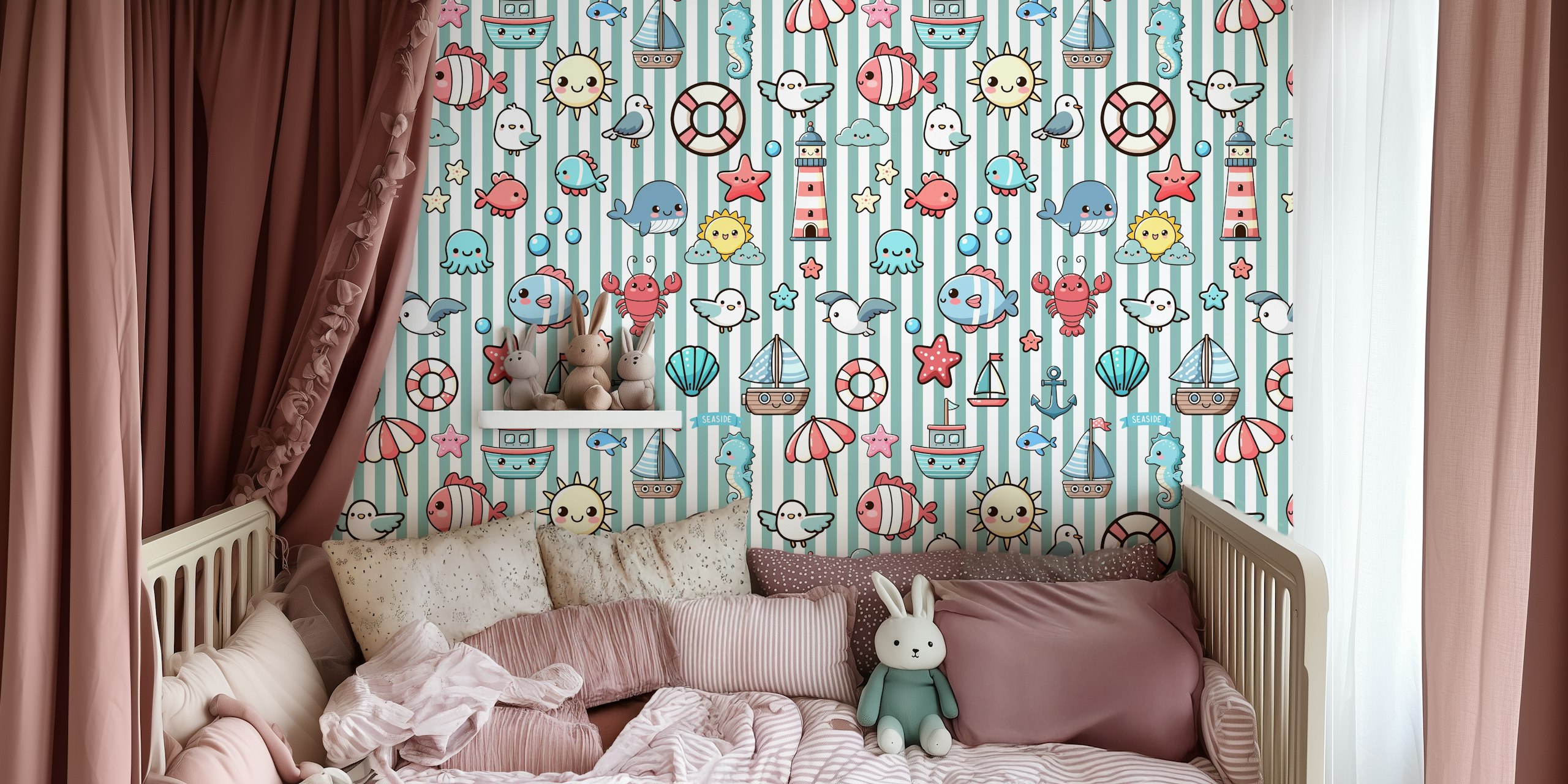 Kawaii Sea pattern ταπετσαρία σε ένα δωμάτιο