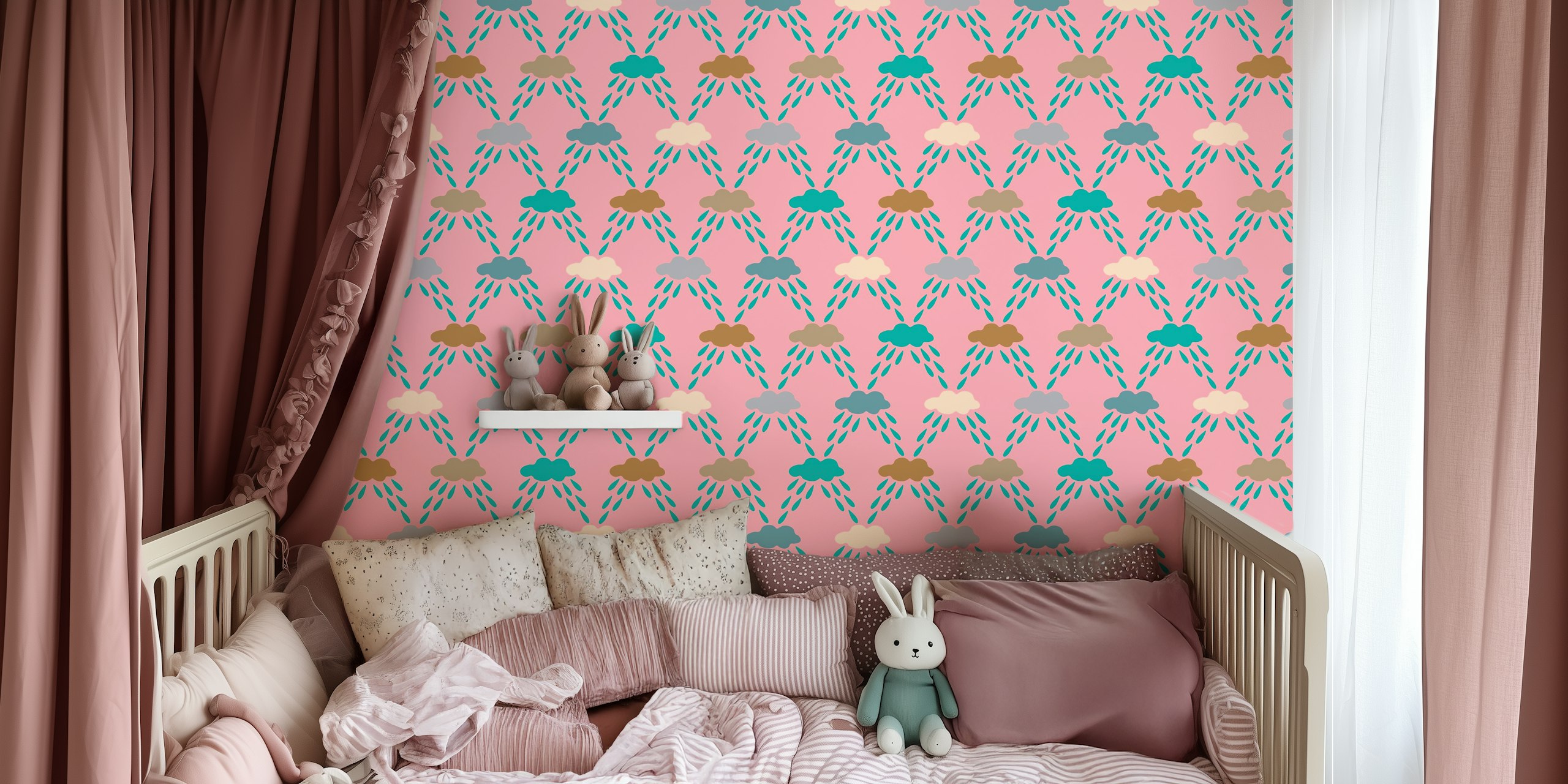 Pastel pink kids wallpaper with raindrops and clouds