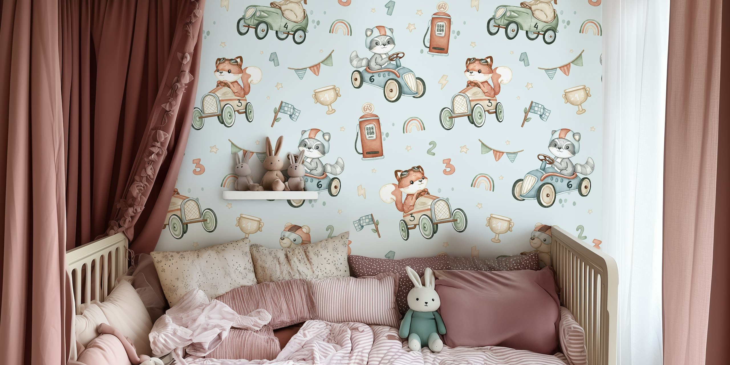 Woodland Race blue Tapete in einem Raum präsentiert