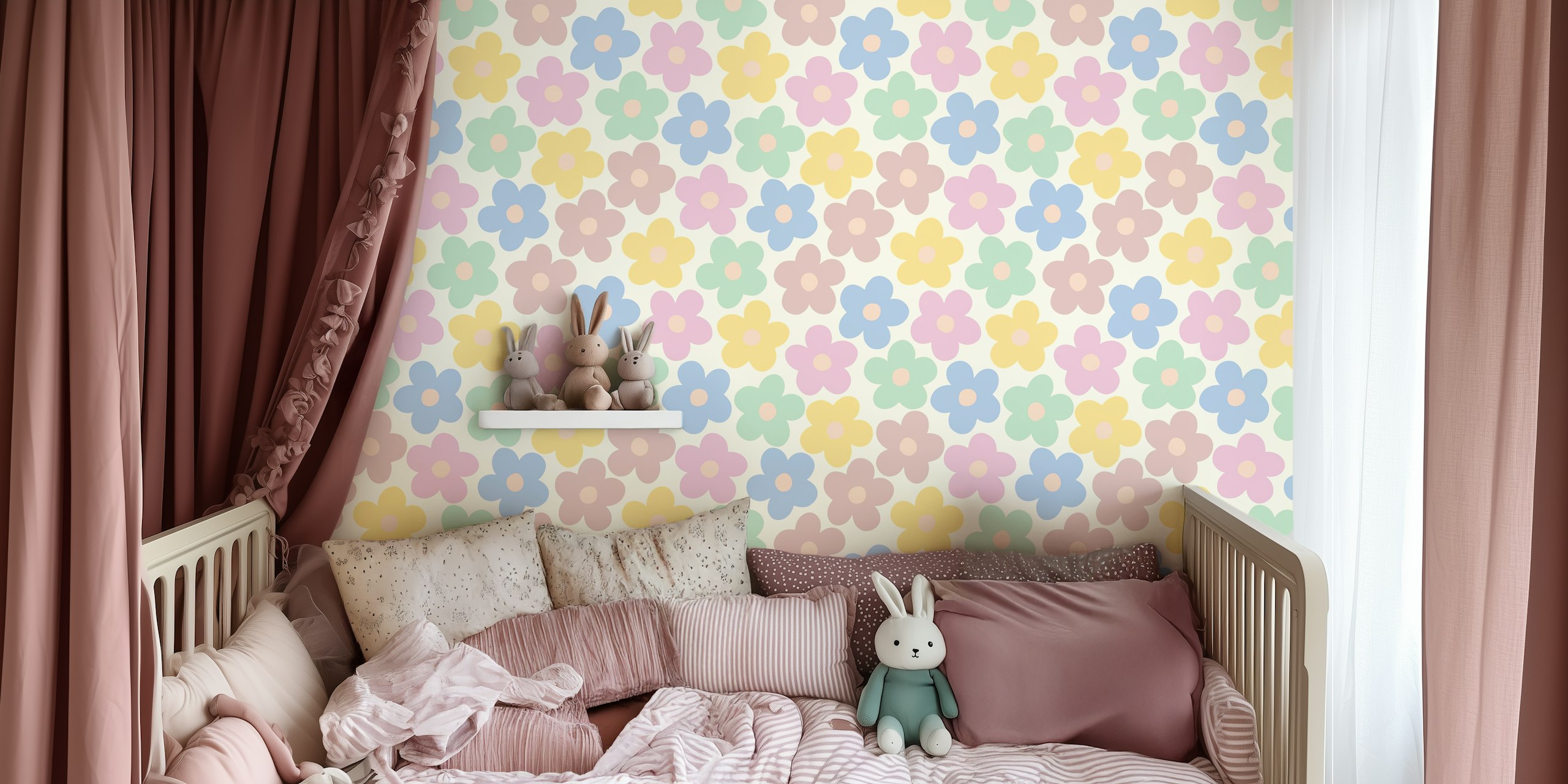 Papel pintado Pastel Petals Charm margaritas en la habitación
