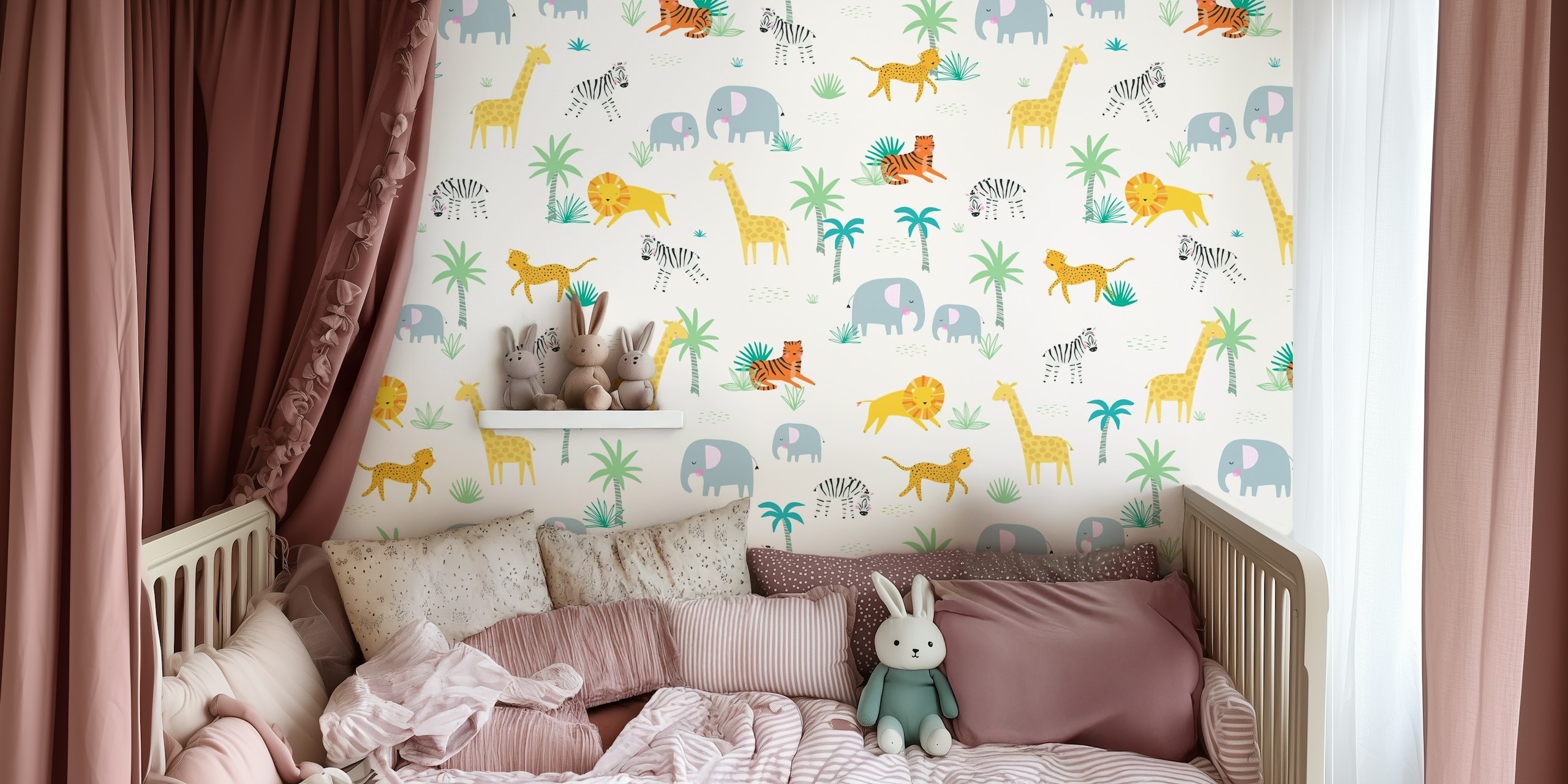 Colorful safari animals including lions, giraffes, and elephants wallpaper