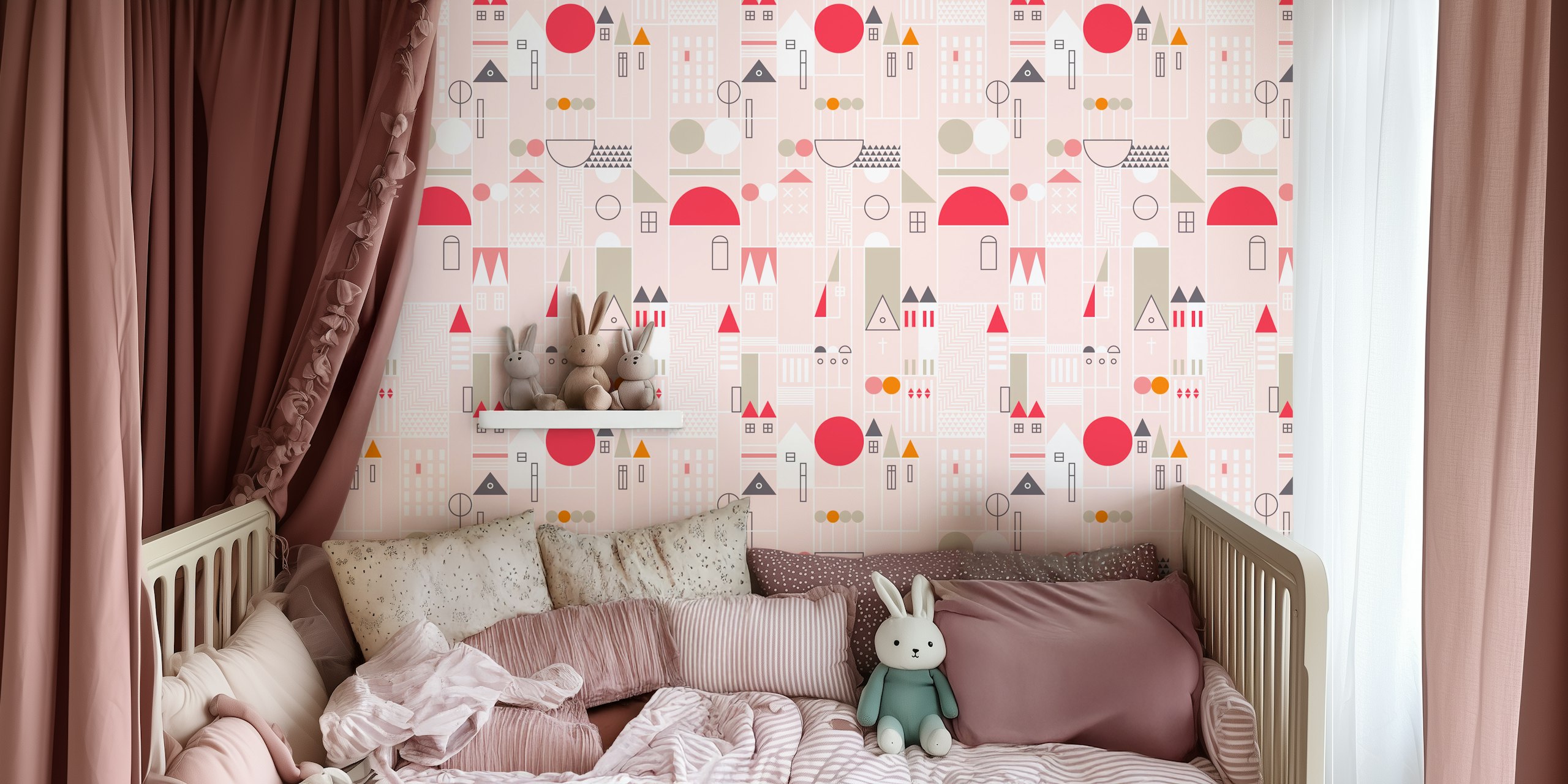 Geometric shapes and city-like illustrations in pink, red, and gray wallpaper
