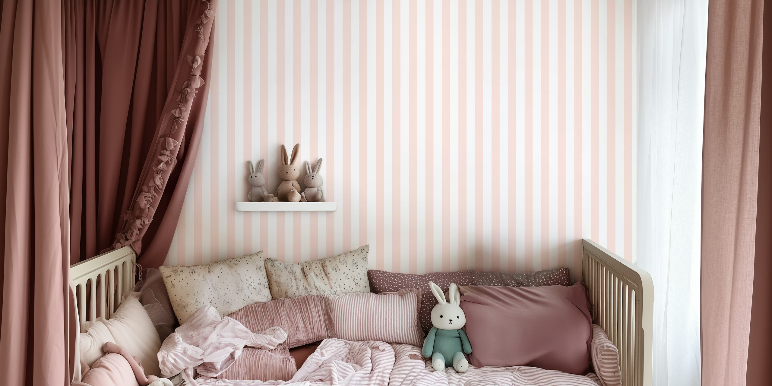 Ταπετσαρία Crepe Pink and White Stripes εκτεθειμένη σε ένα δωμάτιο