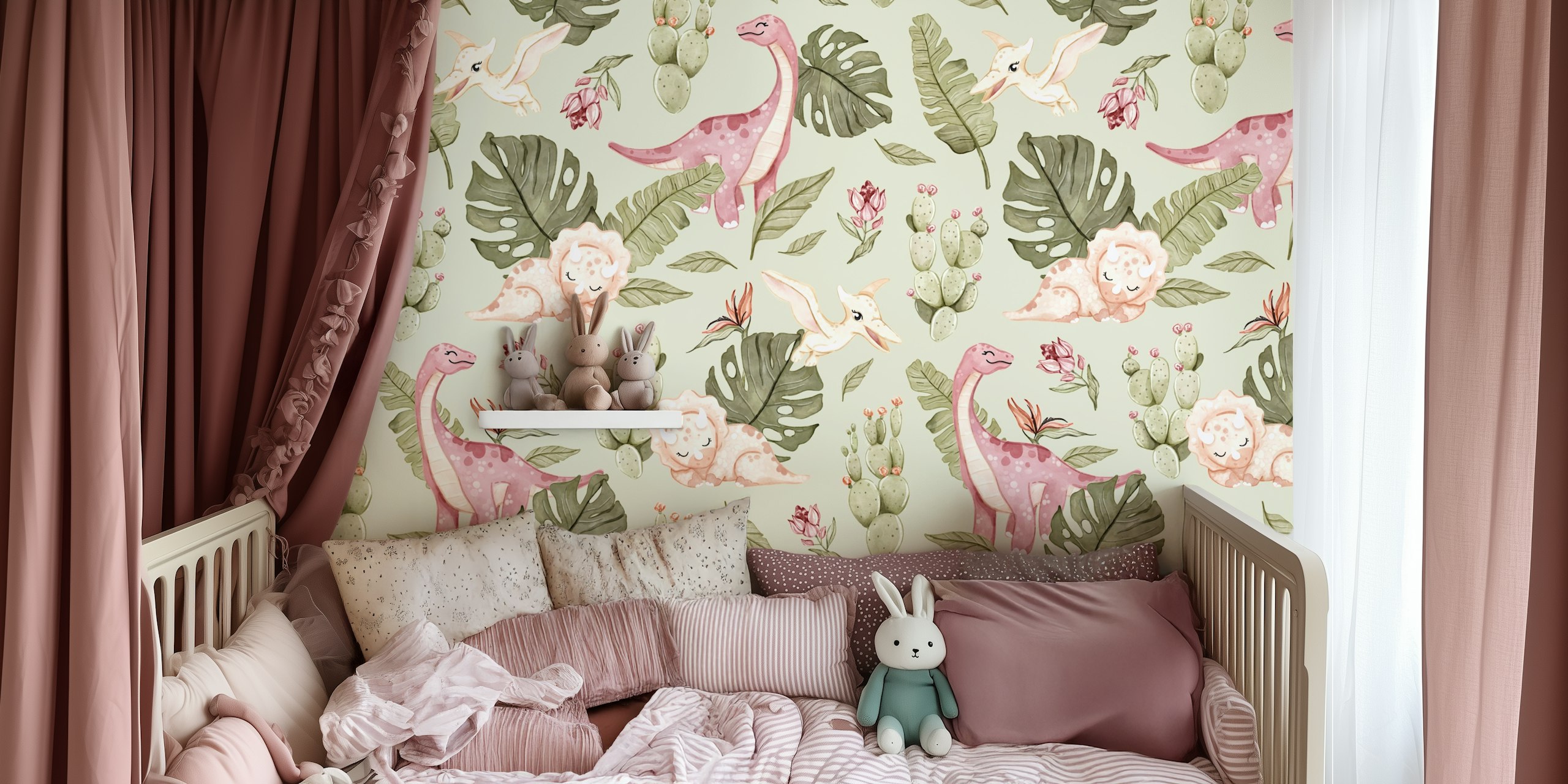 Cute dinosaurs and plants in soft green wallpaper