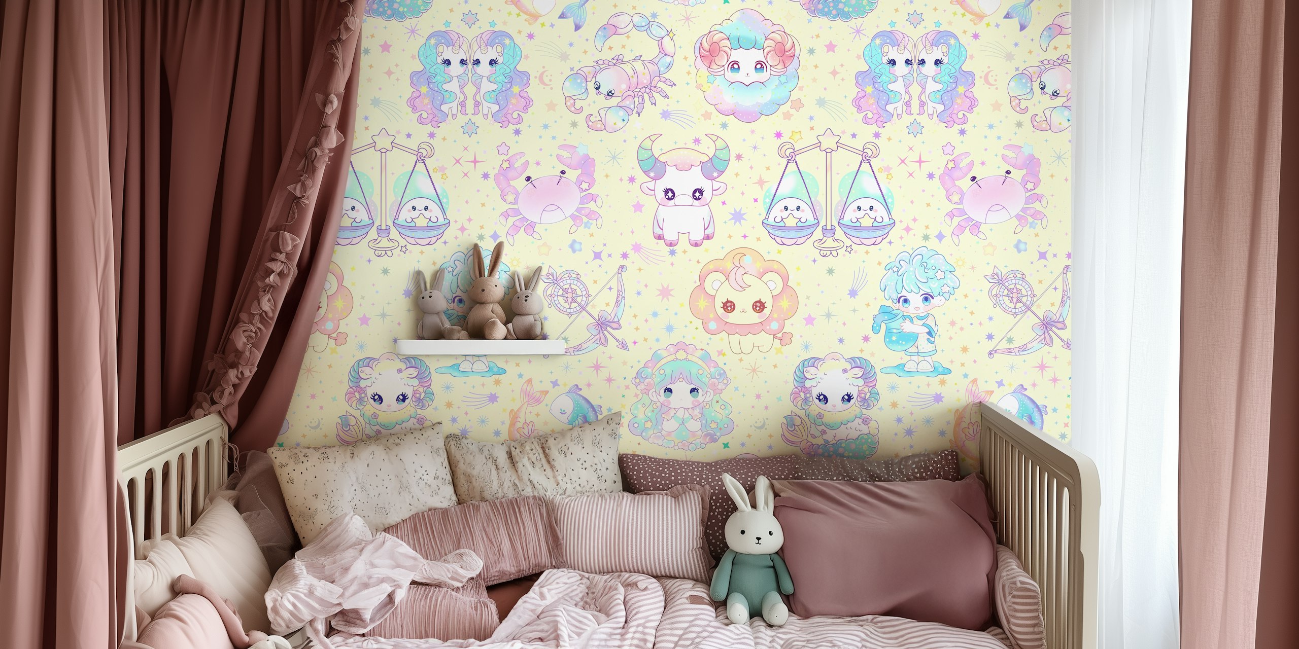 Kawaii Zodiac pastel yellow wallpaper with cute characters and stars