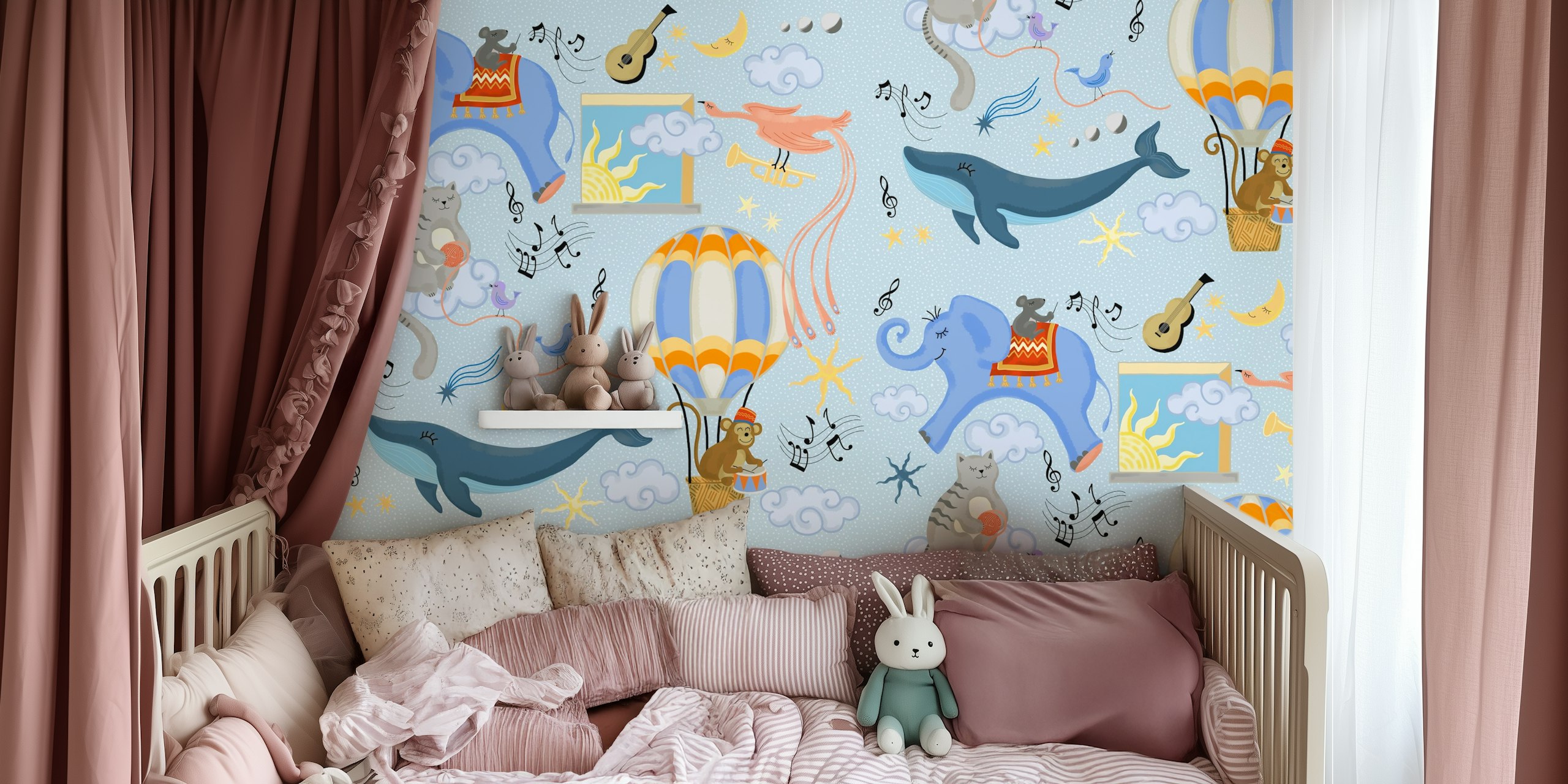 Colorful elephant, cat, and whale patterns with hot air balloons, musical notes, and stars wallpaper