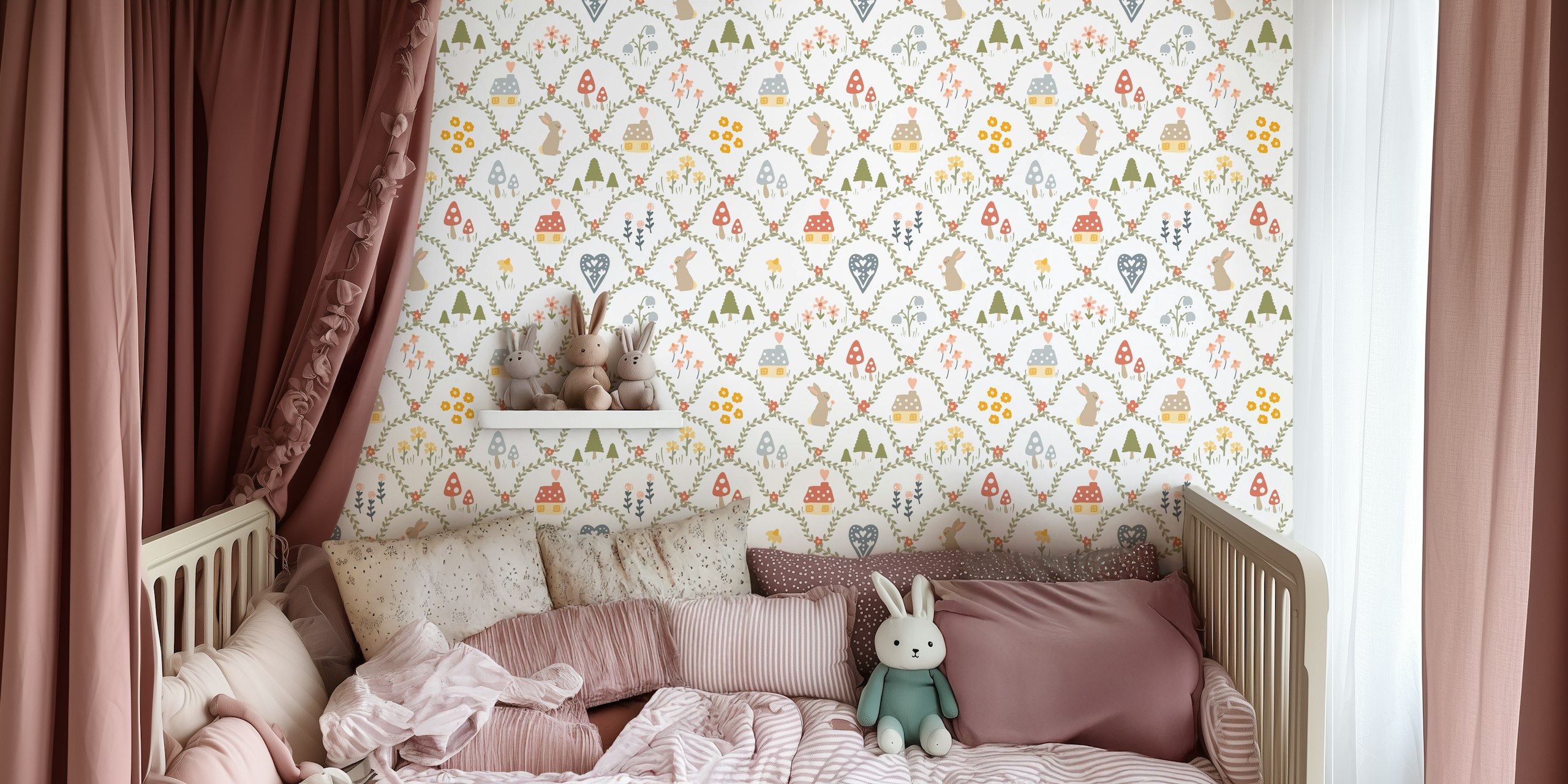 Papel pintado Fairy Tale Meadow exhibido en una habitación