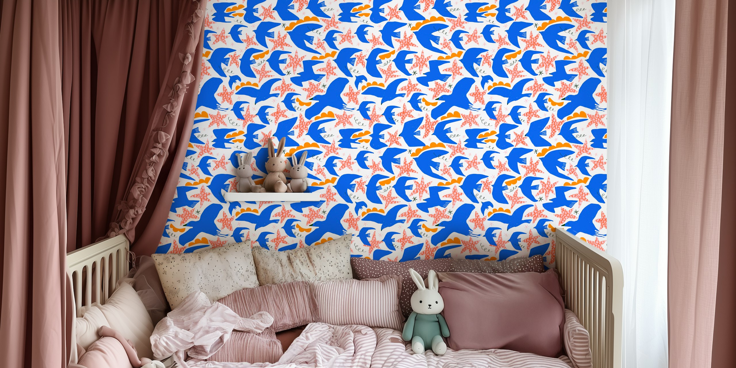 Colorful birds with orange accents on white background wallpaper